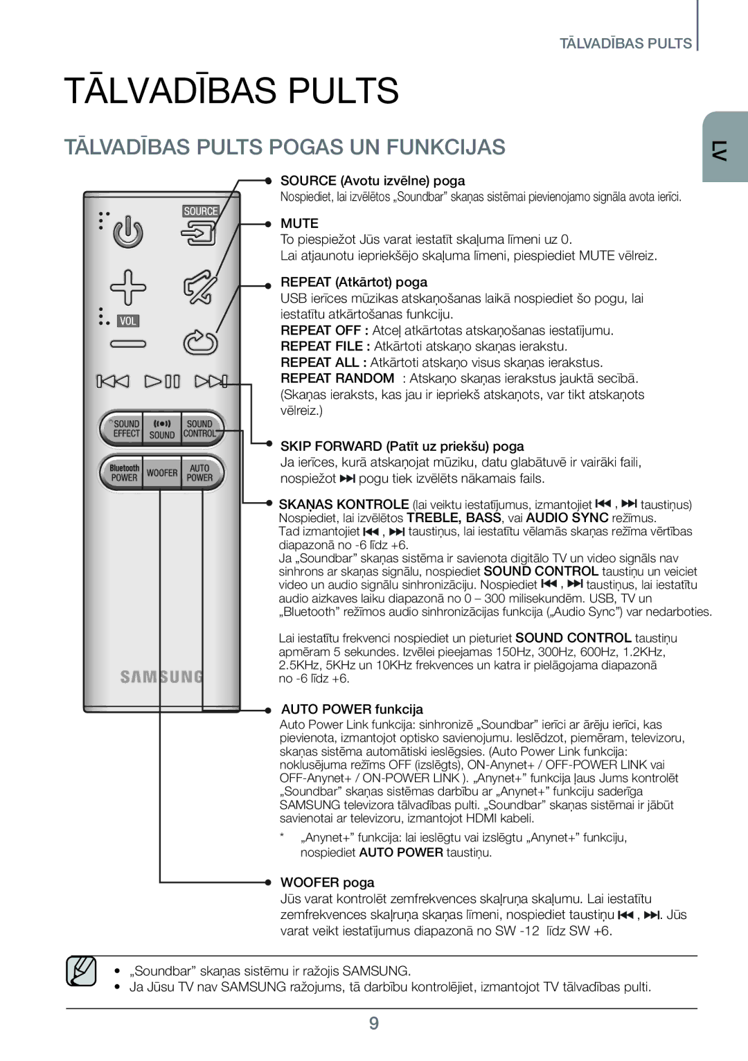 Samsung HW-J450/EN manual Tālvadības Pults, Source Avotu izvēlne poga, Auto Power funkcija 