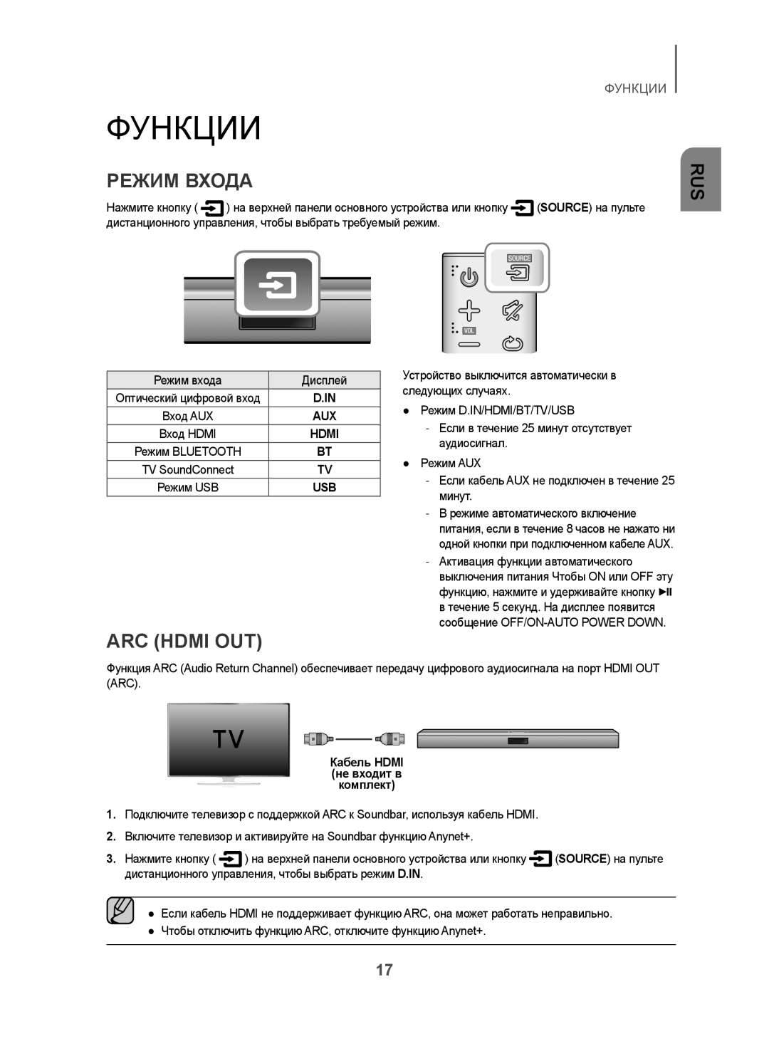 Samsung HW-J450/RU manual Режим Входа, ARC Hdmi OUT, Режим входа Дисплей, Кабель Hdmi не входит в комплект 