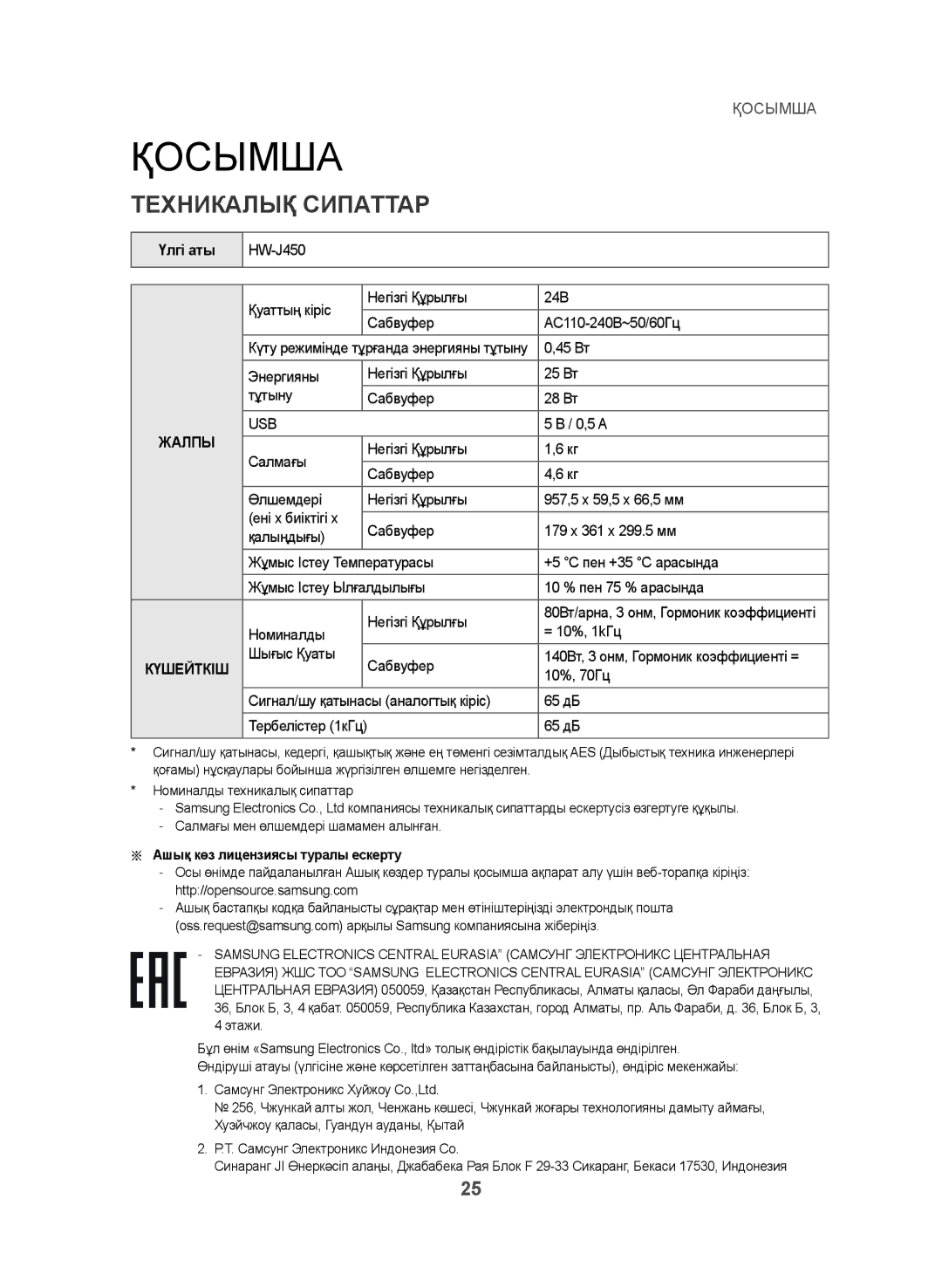 Samsung HW-J450/RU manual Қосымша, Техникалық Сипаттар, Үлгі аты 