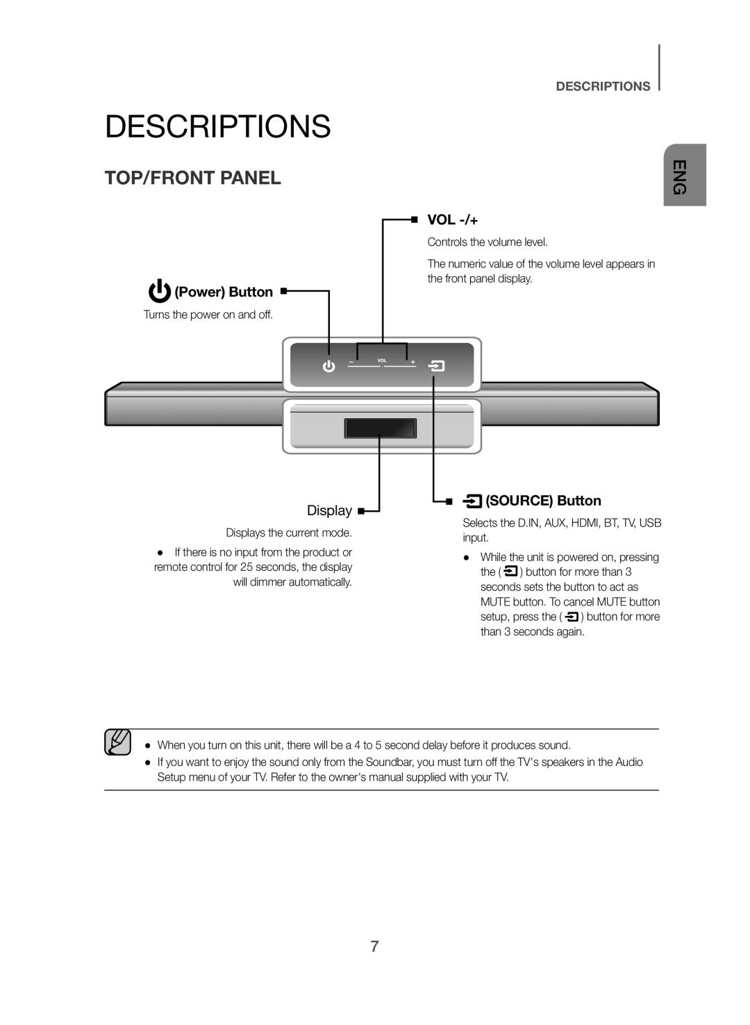 Samsung HW-J450/SQ manual Descriptions, TOP/FRONT Panel, Turns the power on and off, Displays the current mode 