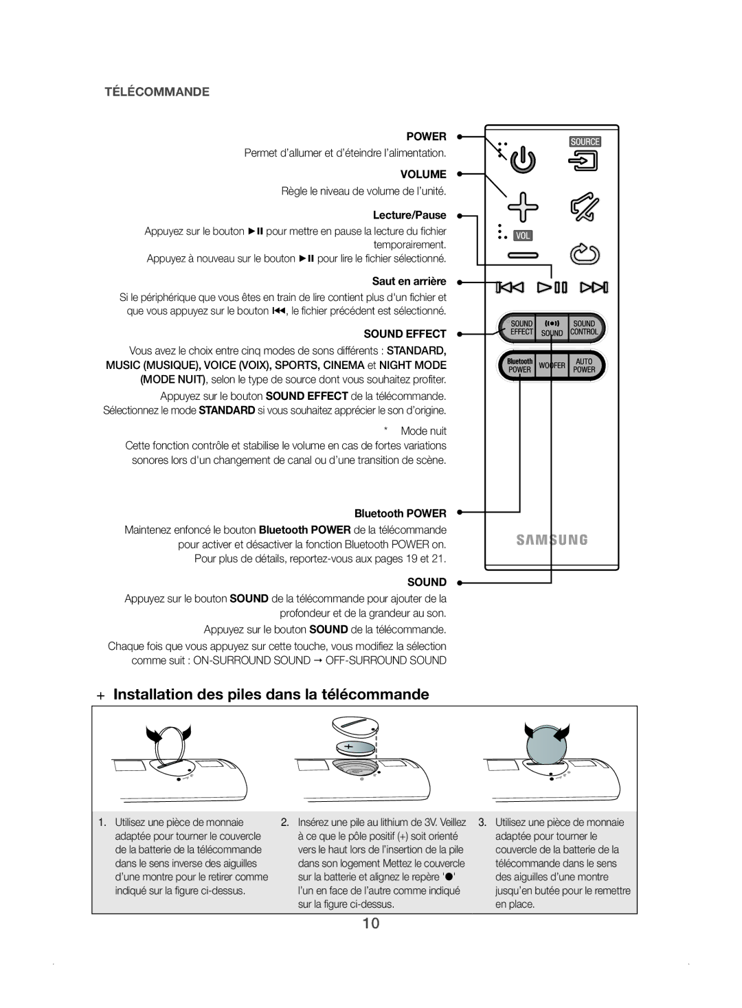 Samsung HW-J450/ZF manual ++Installation des piles dans la télécommande, Permet d’allumer et d’éteindre l’alimentation 