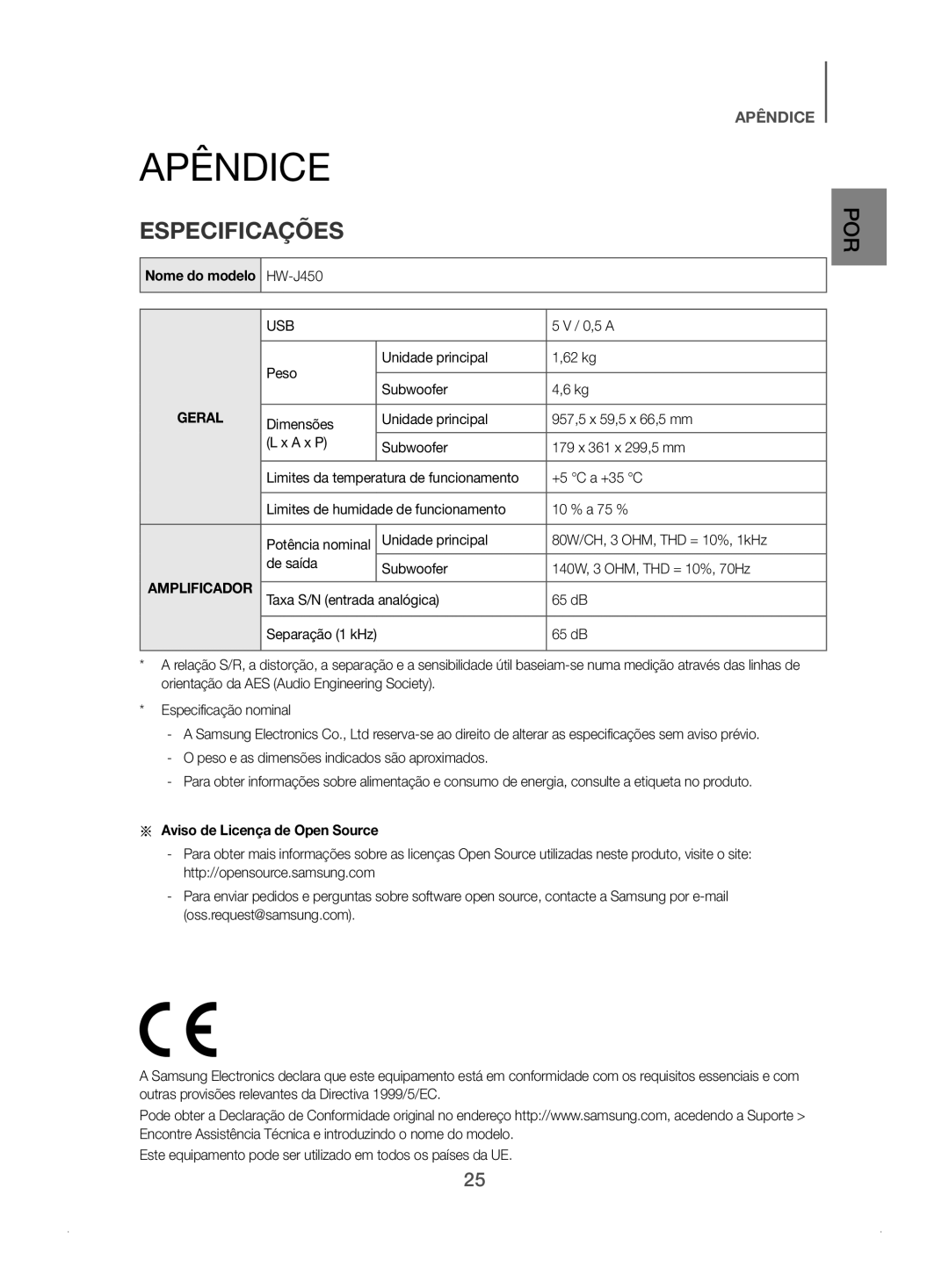 Samsung HW-J450/ZF manual Apêndice, Especificações, Aa Aviso de Licença de Open Source 