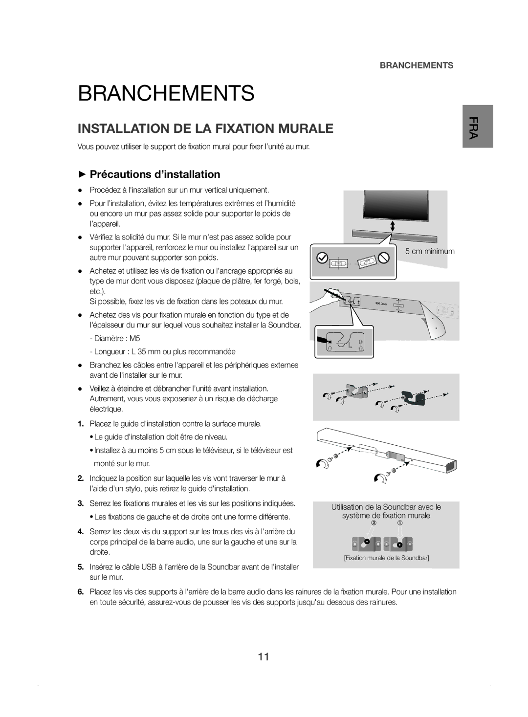 Samsung HW-J450/ZF manual Branchements, Installation DE LA Fixation Murale, ++Précautions d’installation 