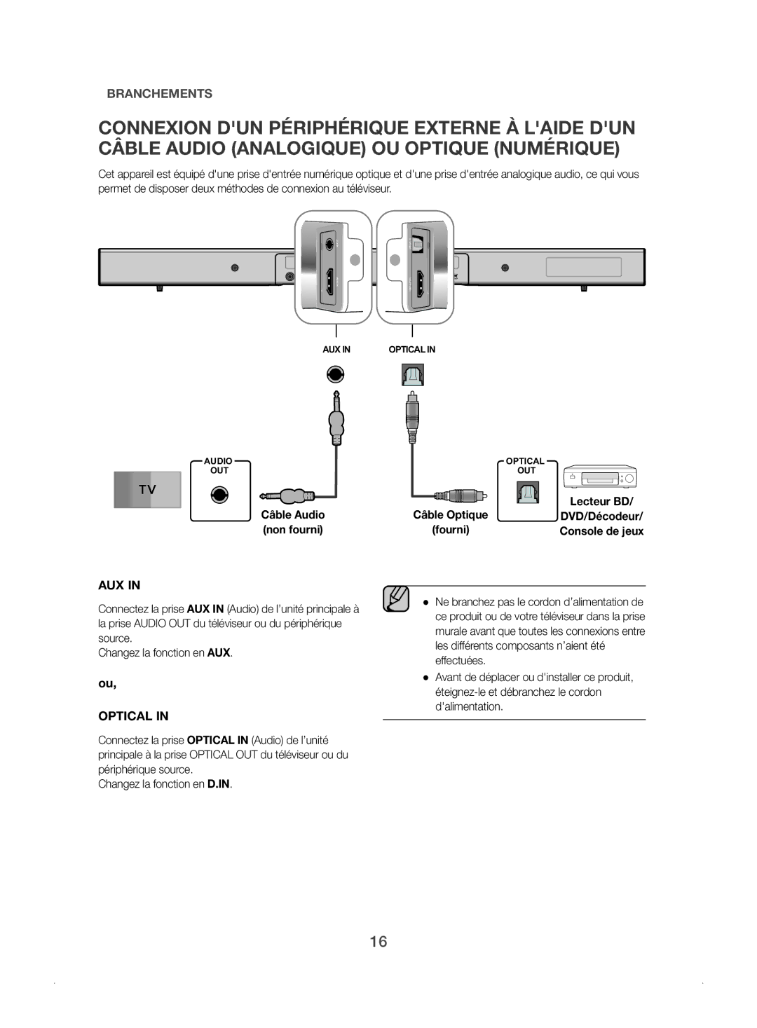 Samsung HW-J450/ZF manual Aux, Câble Audio Câble Optique 