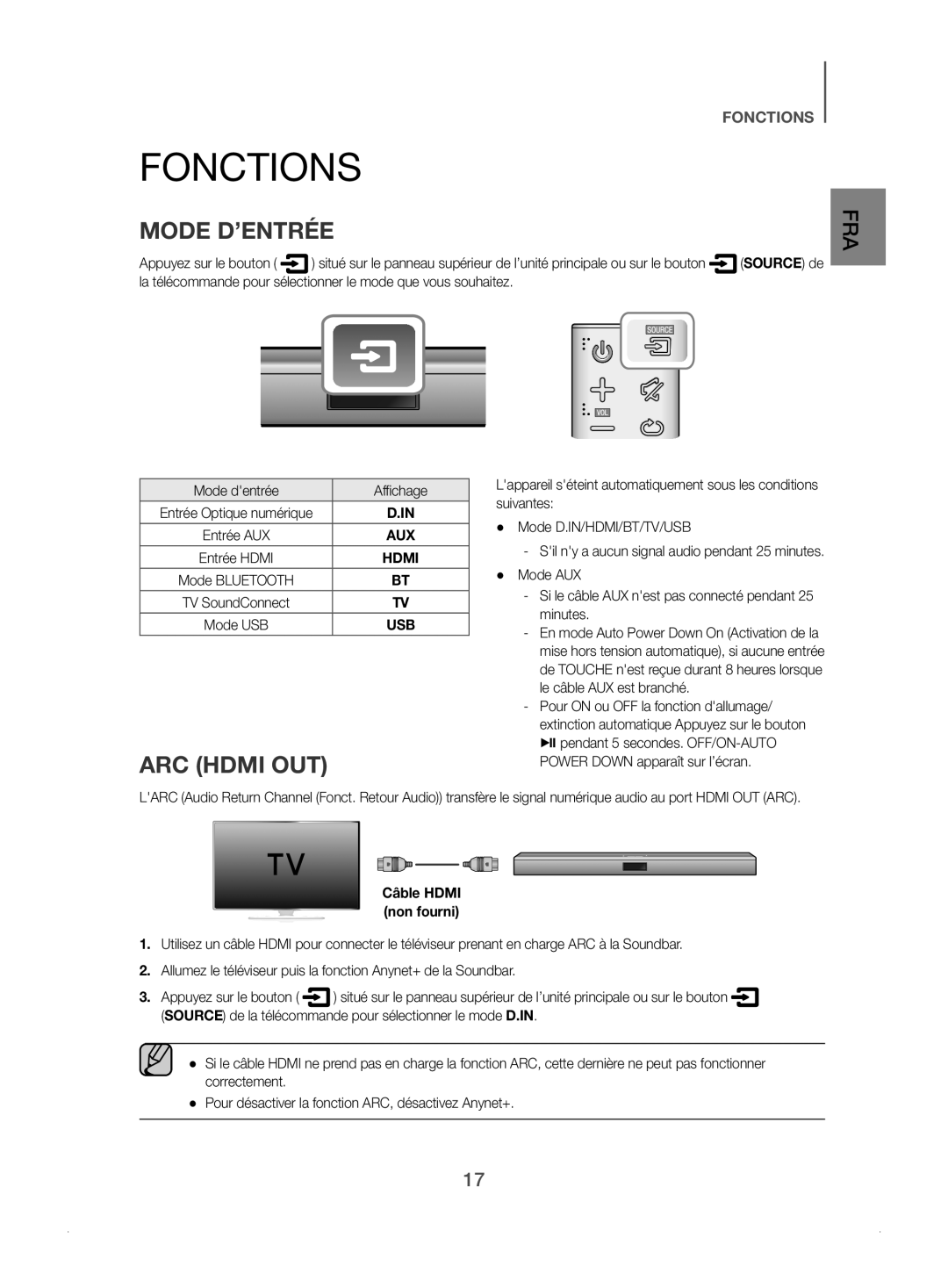 Samsung HW-J450/ZF manual Fonctions, Mode D’ENTRÉE, ARC Hdmi OUT, Mode dentrée Affichage 