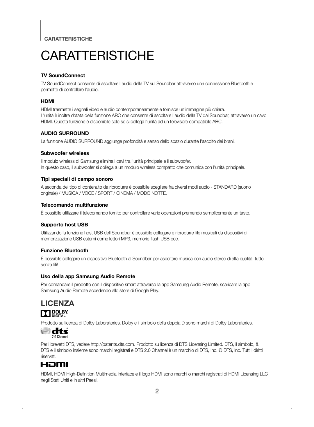 Samsung HW-J450/ZF manual Caratteristiche, Licenza 