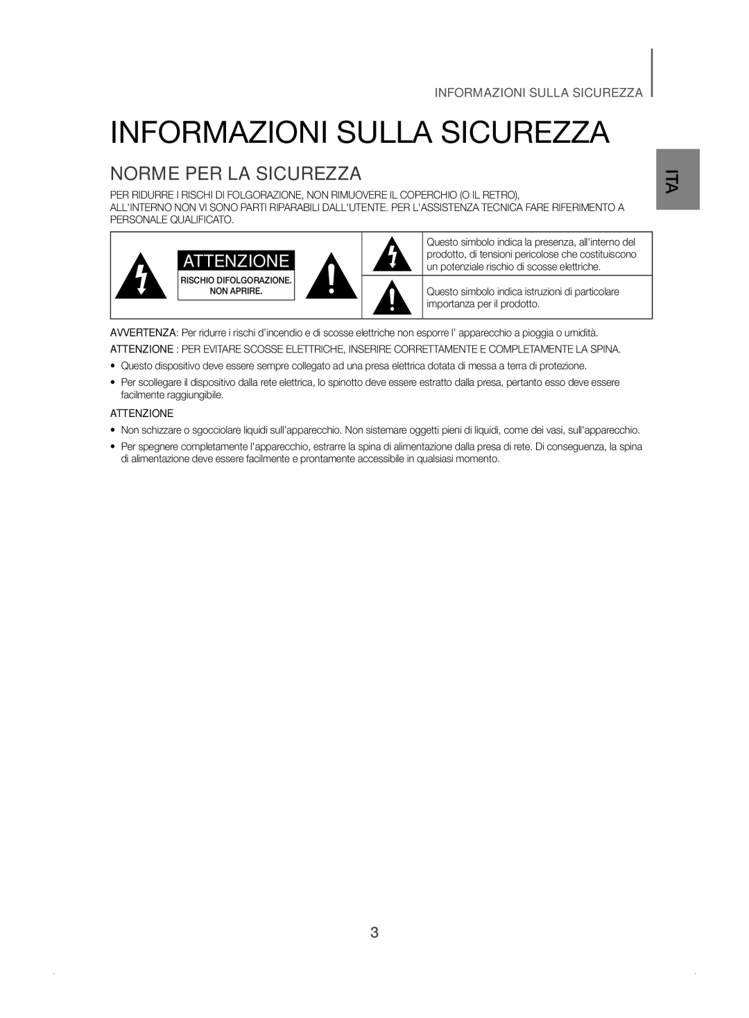 Samsung HW-J450/ZF manual Informazioni Sulla Sicurezza, Norme PER LA Sicurezza 