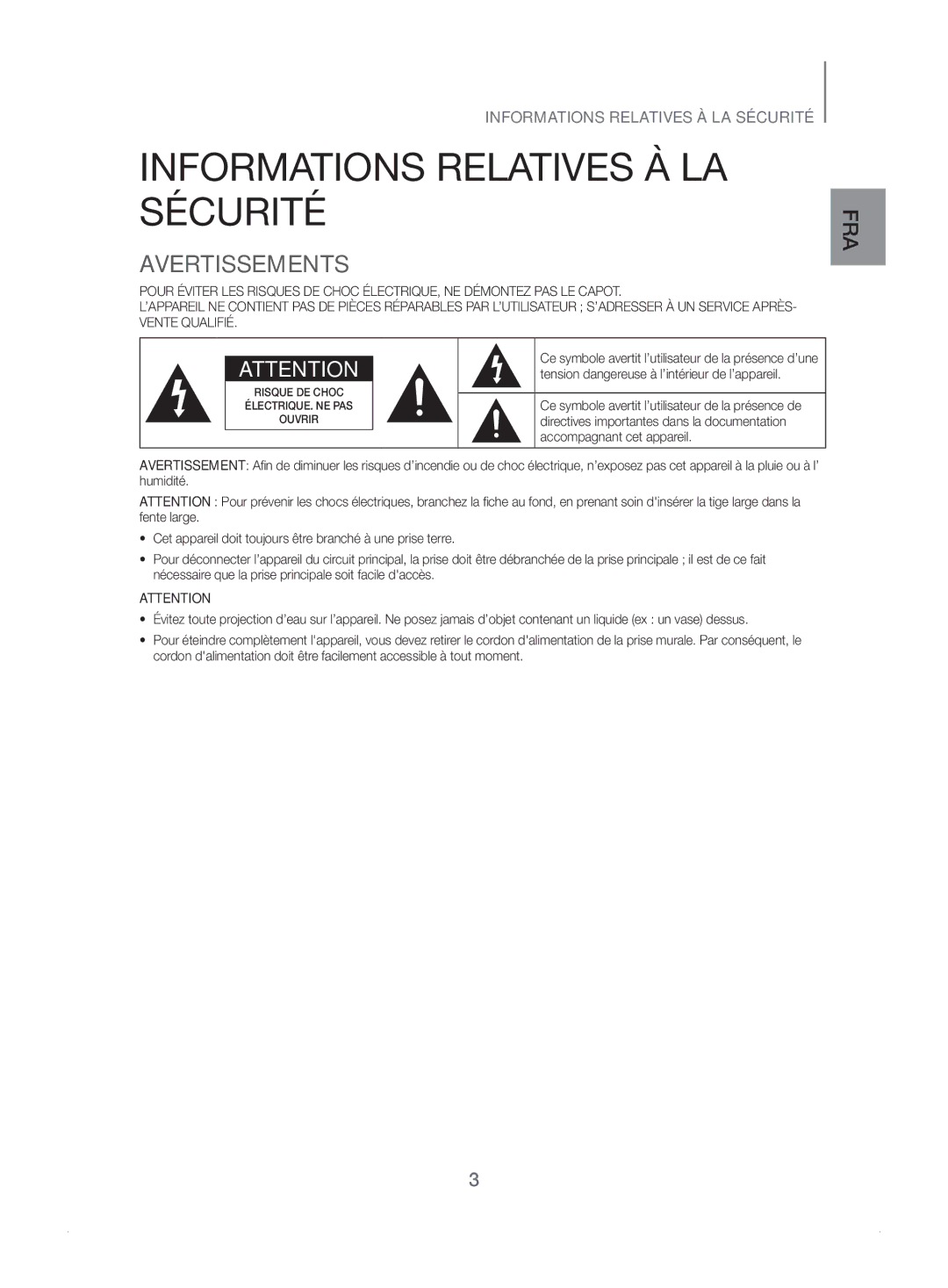 Samsung HW-J450/ZF manual Informations Relatives À LA Sécurité, Avertissements 