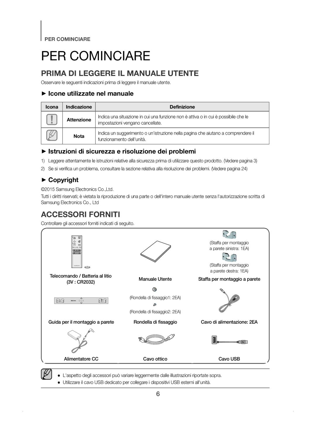 Samsung HW-J450/ZF PER Cominciare, Prima DI Leggere IL Manuale Utente, Accessori Forniti, ++Icone utilizzate nel manuale 