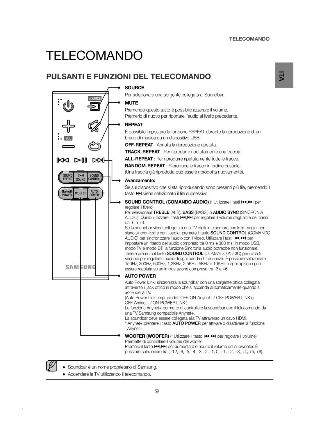 Samsung HW-J450/ZF manual Pulsanti E Funzioni DEL Telecomando, Per selezionare una sorgente collegata al Soundbar 