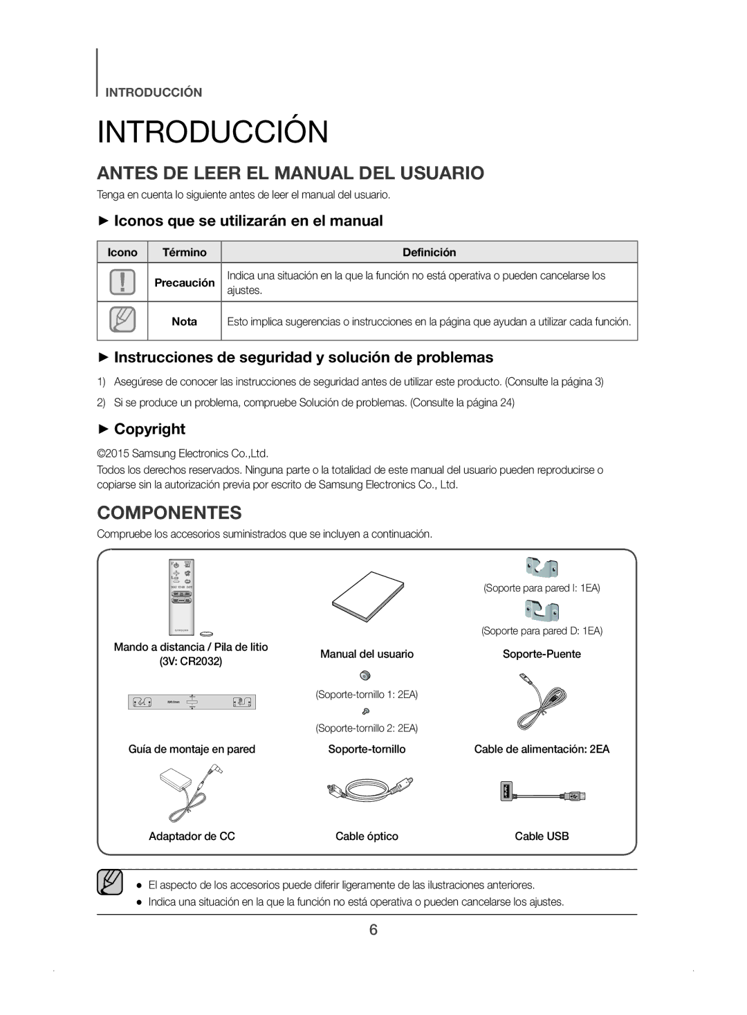 Samsung HW-J450/ZF Introducción, Antes DE Leer EL Manual DEL Usuario, Componentes, ++Iconos que se utilizarán en el manual 