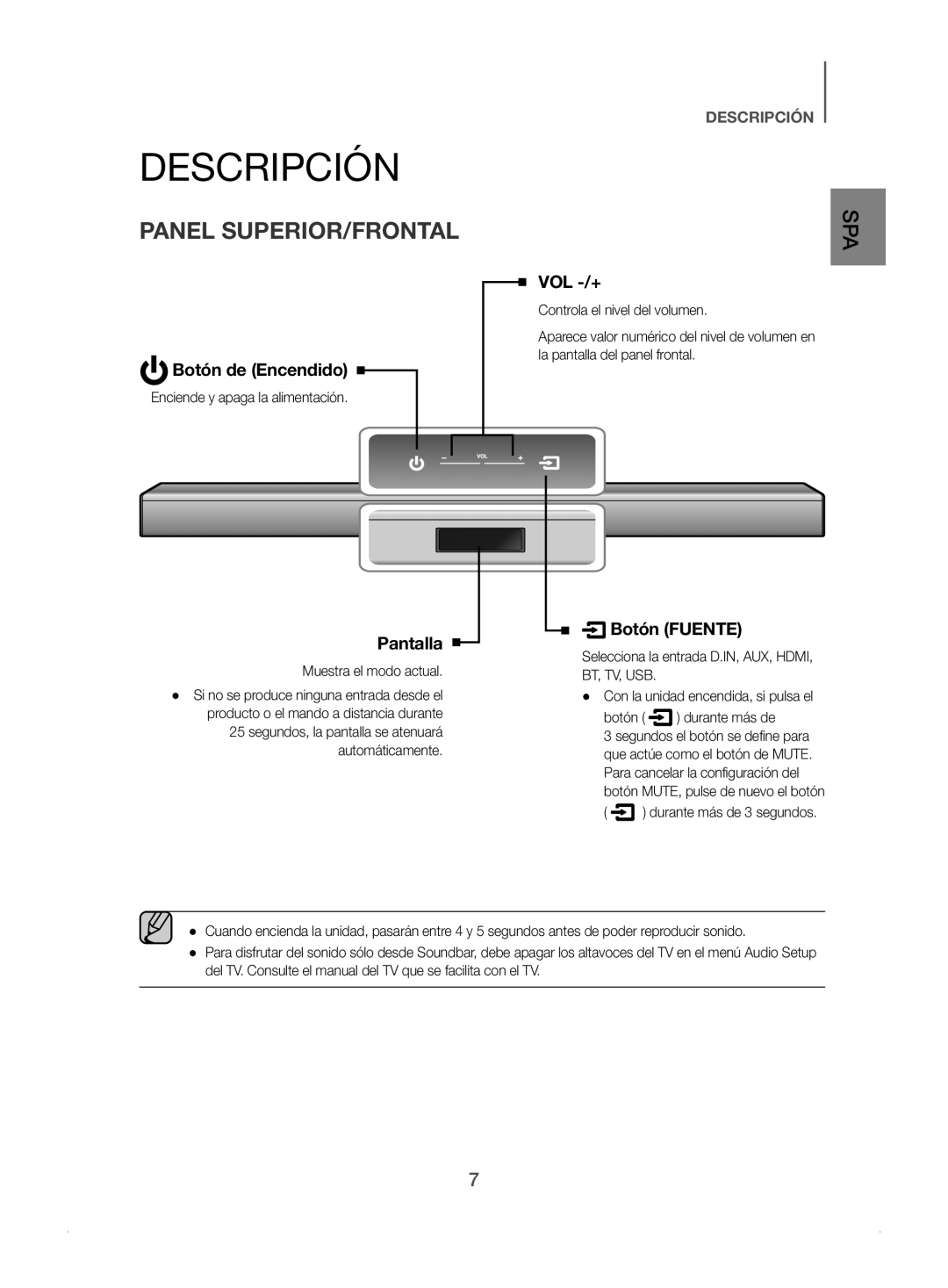 Samsung HW-J450/ZF manual Descripción, Panel SUPERIOR/FRONTAL, Enciende y apaga la alimentación 