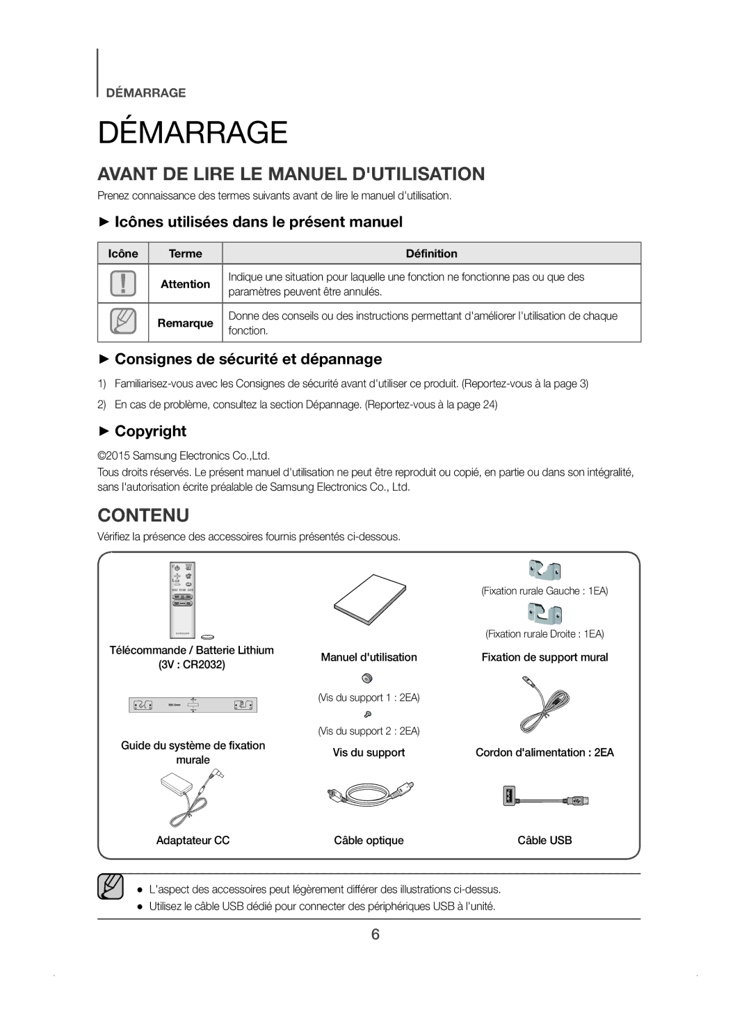 Samsung HW-J450/ZF manual Démarrage, Avant DE Lire LE Manuel Dutilisation, Contenu 