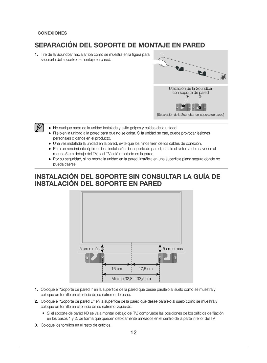 Samsung HW-J450/ZF manual Separación DEL Soporte DE Montaje EN Pared, Coloque los tornillos en el resto de orificios 