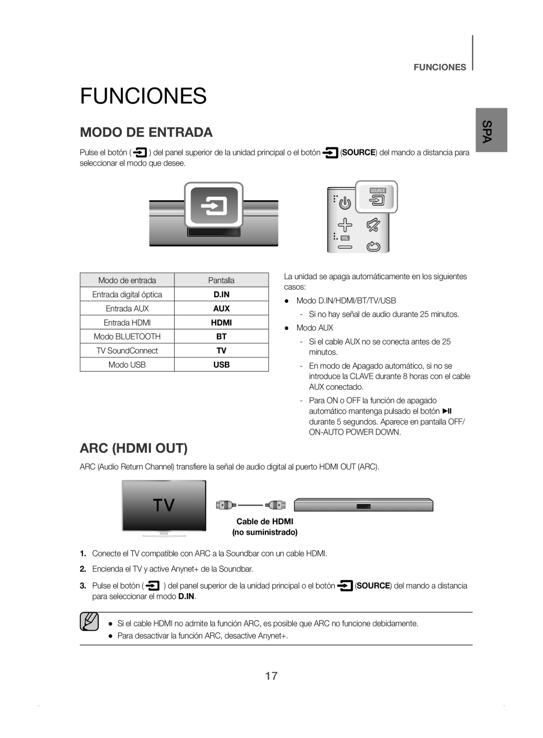 Samsung HW-J450/ZF manual Funciones, Modo DE Entrada, Modo de entrada Pantalla 