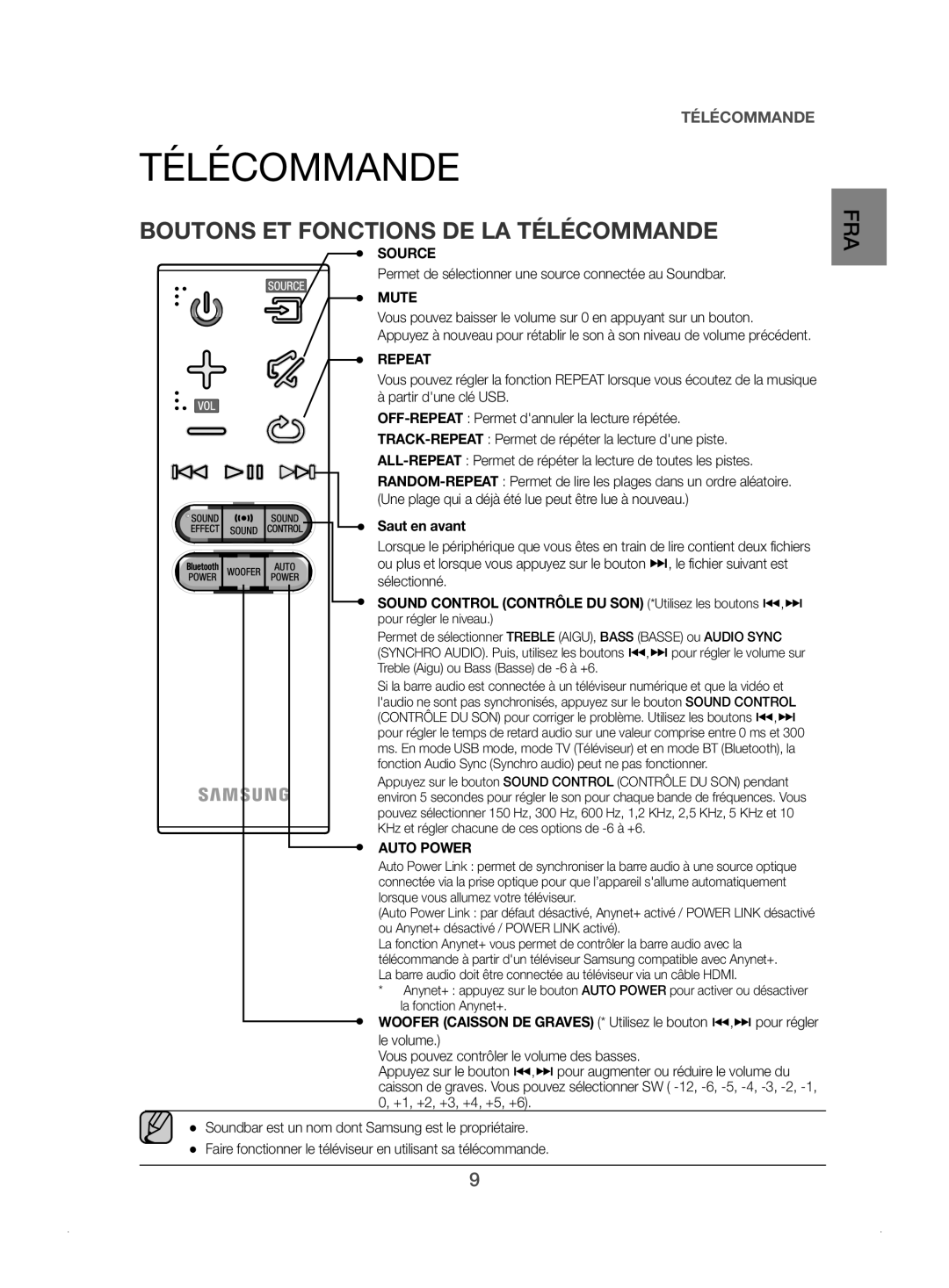 Samsung HW-J450/ZF Boutons ET Fonctions DE LA Télécommande, Permet de sélectionner une source connectée au Soundbar 