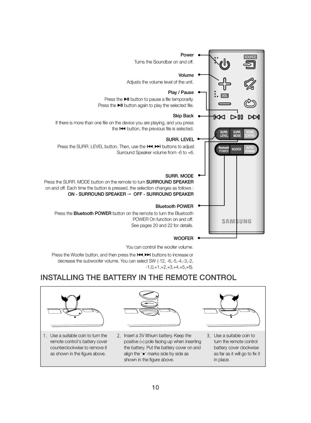 Samsung HW-J470/EN, HW-J470/XN manual Installing the Battery in the Remote Control 