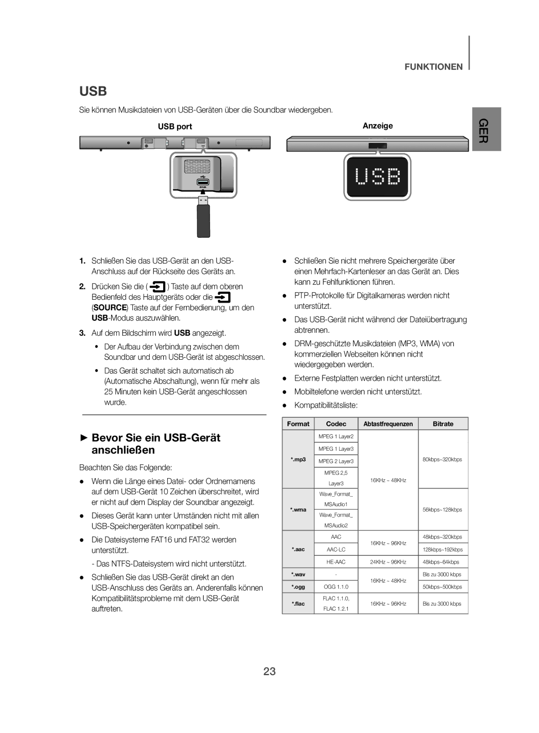 Samsung HW-J470/EN, HW-J470/XN manual ++Bevor Sie ein USB-Gerät anschließen, USB port, Auf dem Bildschirm wird USB angezeigt 