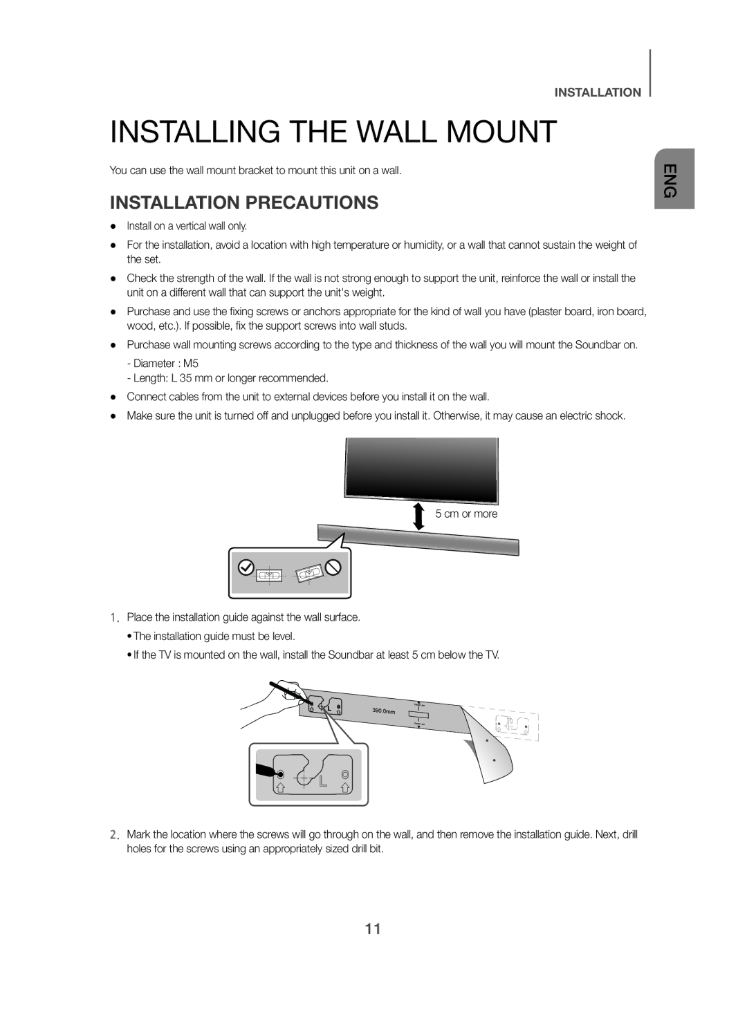 Samsung HW-J470/XN, HW-J470/EN manual Installing the Wall Mount, Installation Precautions 