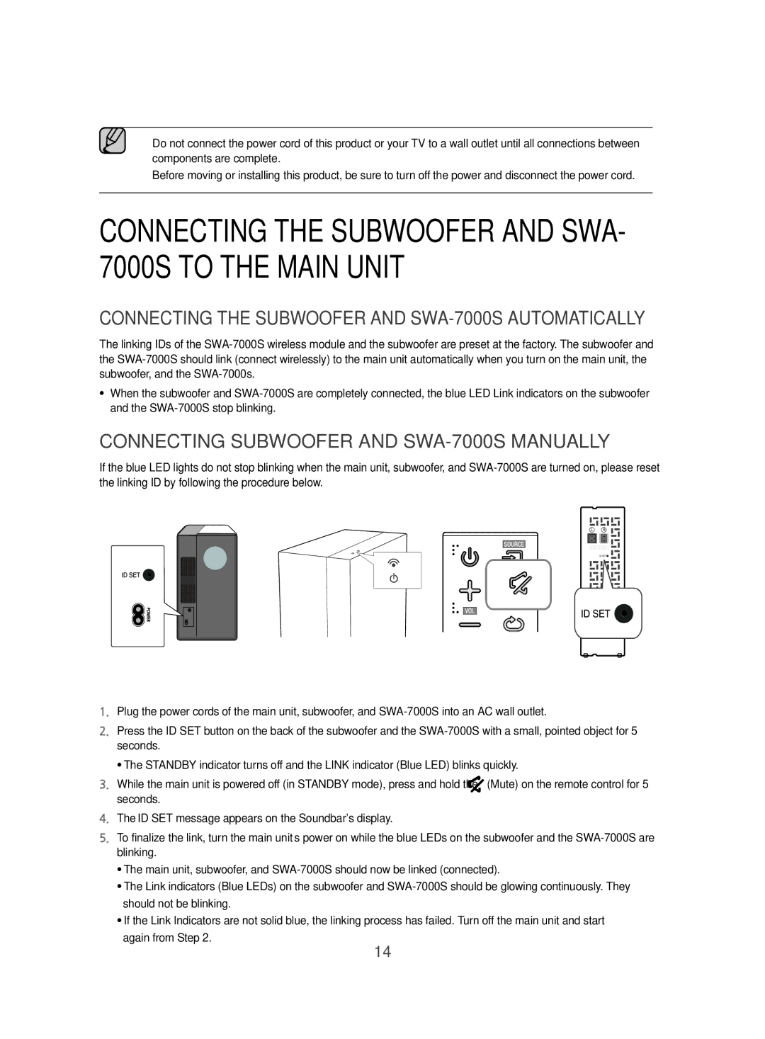 Samsung HW-J470/EN, HW-J470/XN manual Connecting the Subwoofer and SWA- 7000S to the Main Unit 