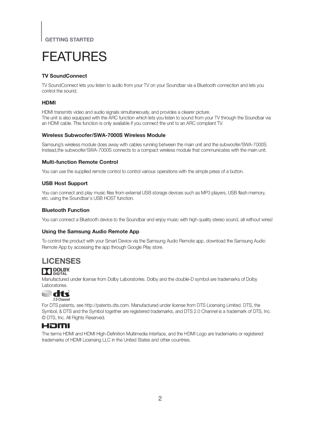 Samsung HW-J470/EN, HW-J470/XN manual Features, Licenses 