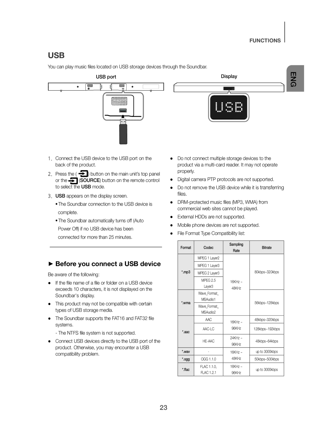 Samsung HW-J470/XN, HW-J470/EN manual Usb, ++Before you connect a USB device, External HDDs are not supported 