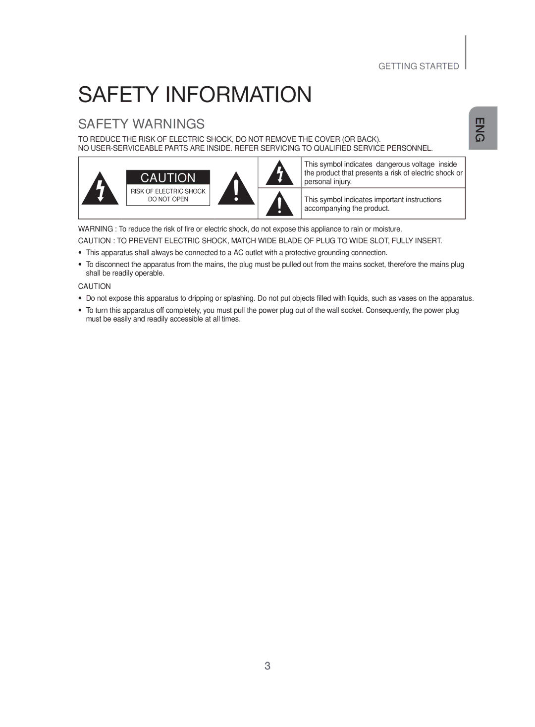 Samsung HW-J470/XN, HW-J470/EN manual Safety Information, Safety Warnings 