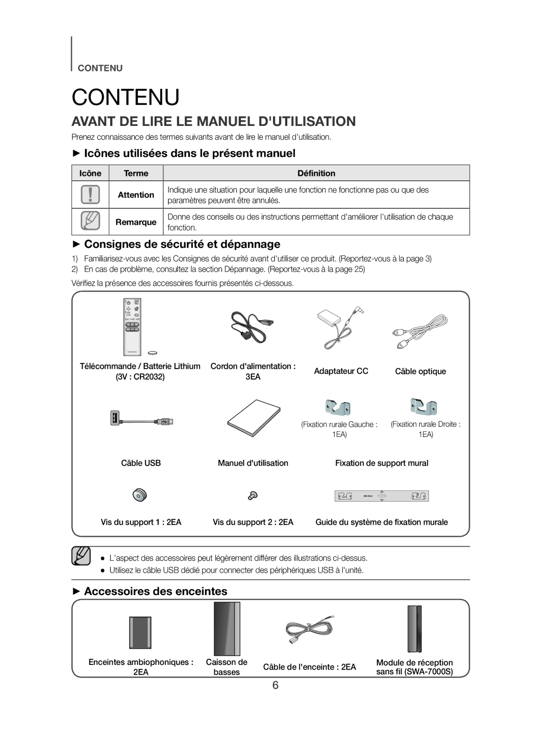 Samsung HW-J470/XN, HW-J470/EN Contenu, Avant DE Lire LE Manuel Dutilisation, ++Icônes utilisées dans le présent manuel 