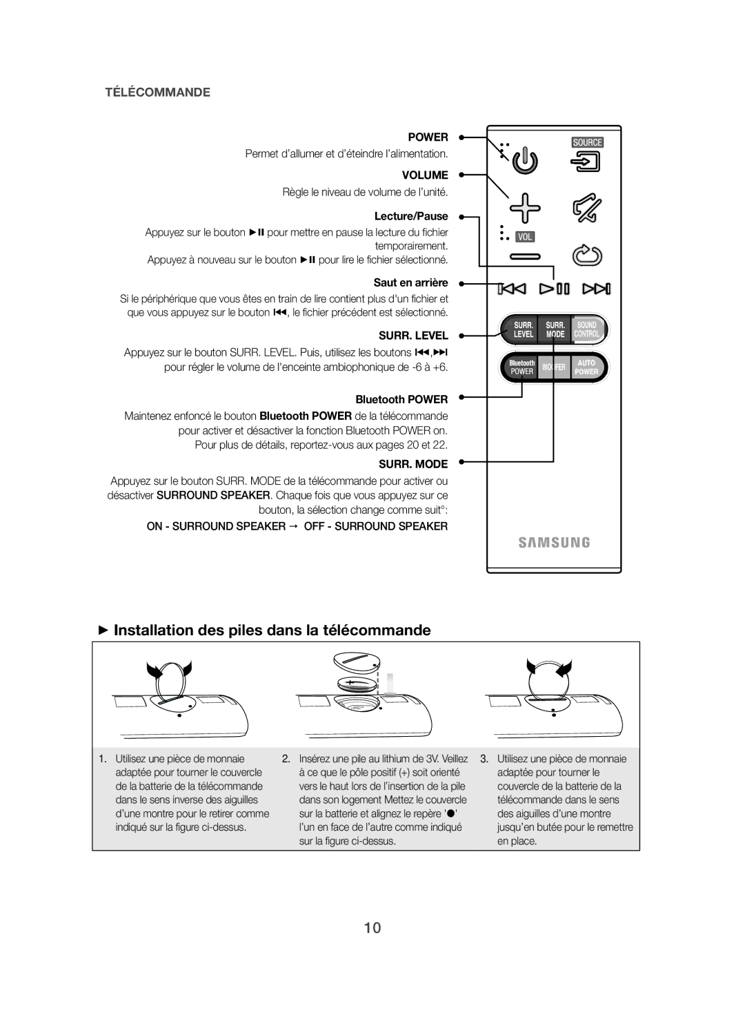 Samsung HW-J470/XN manual ++Installation des piles dans la télécommande, Permet d’allumer et d’éteindre l’alimentation 