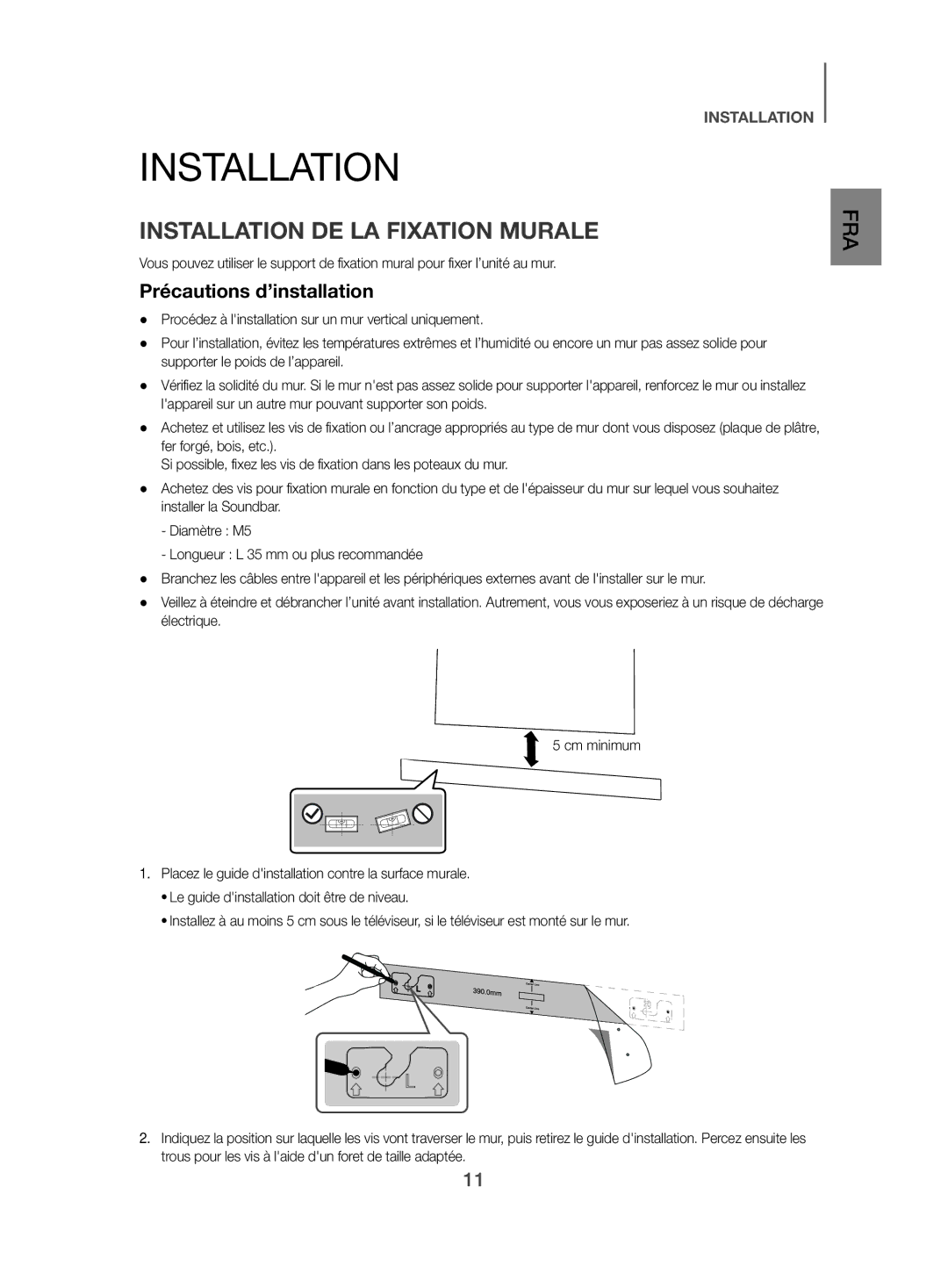 Samsung HW-J470/EN, HW-J470/XN manual Installation DE LA Fixation Murale, Précautions d’installation 