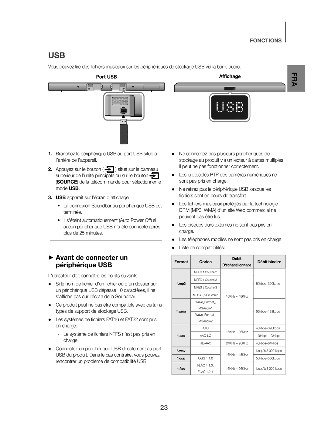 Samsung HW-J470/EN ++Avant de connecter un périphérique USB, Port USB, Lutilisateur doit connaître les points suivants 