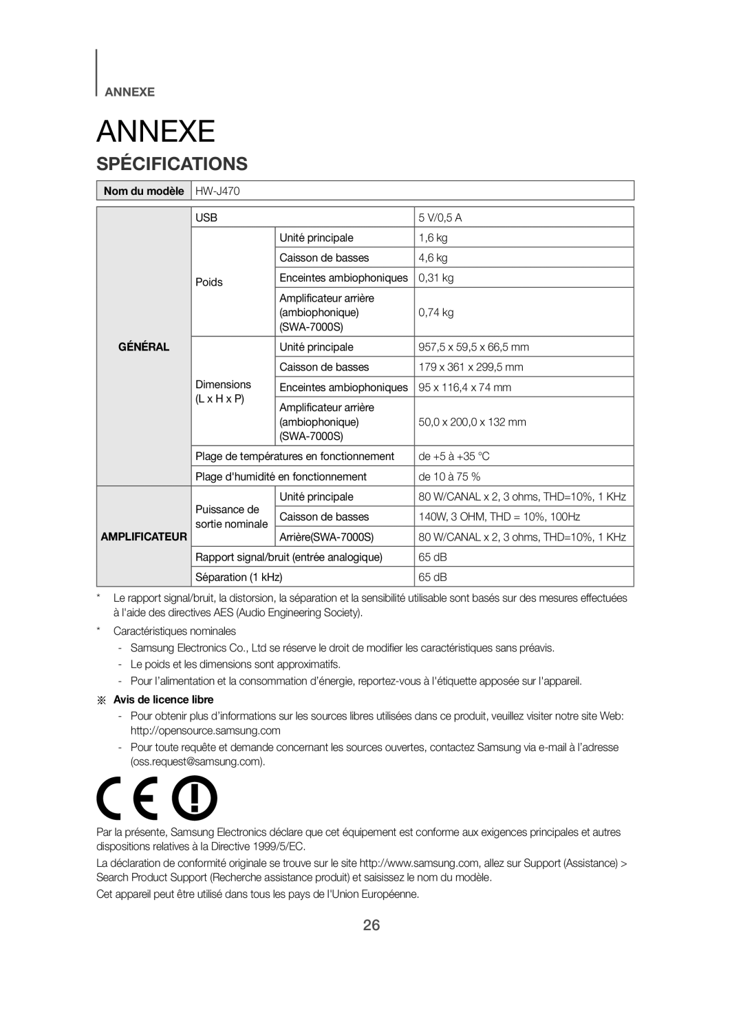 Samsung HW-J470/XN, HW-J470/EN manual Annexe, Spécifications, Nom du modèle HW-J470 