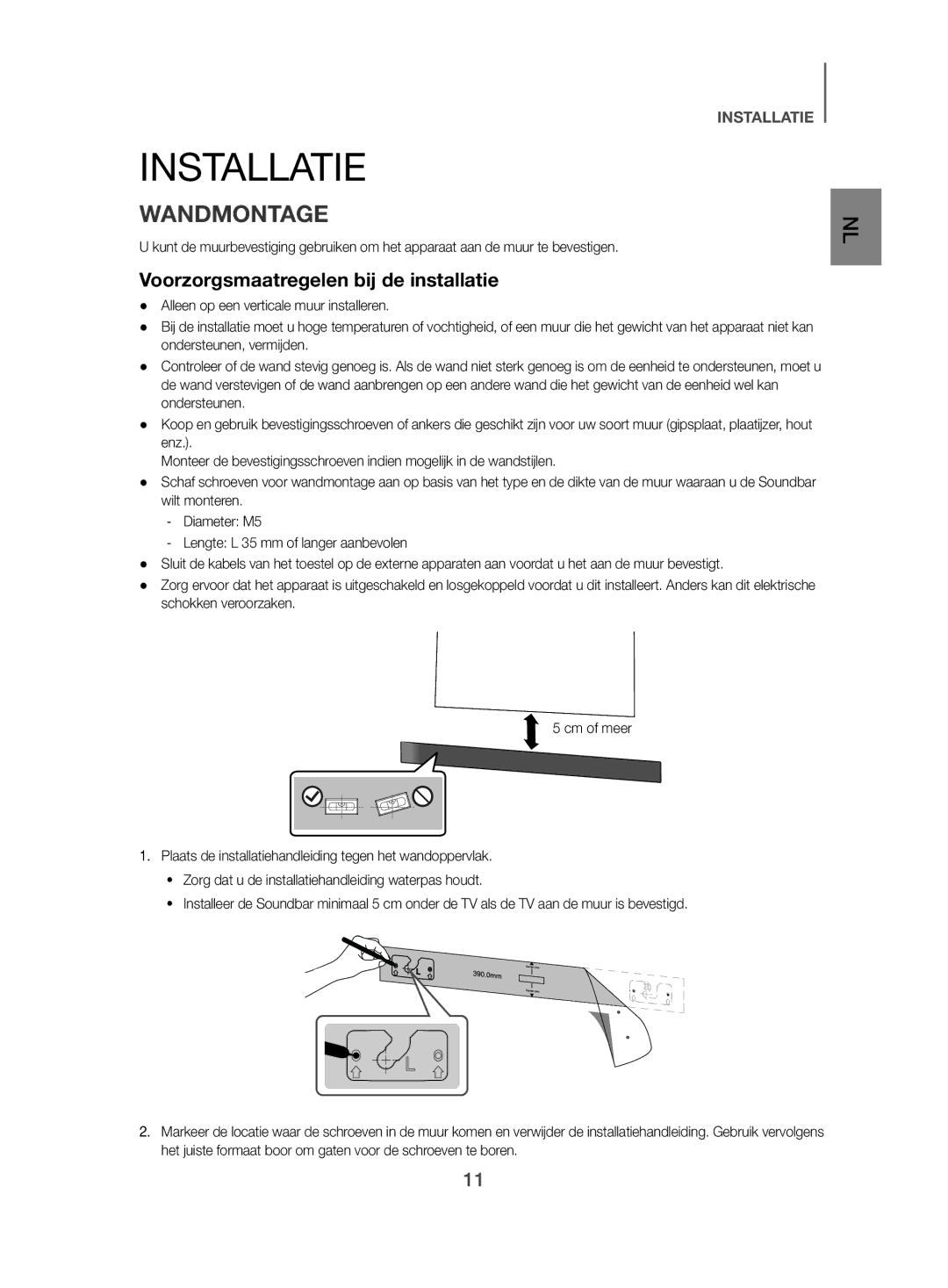 Samsung HW-J470/XN, HW-J470/EN manual Installatie, Wandmontage, Voorzorgsmaatregelen bij de installatie 