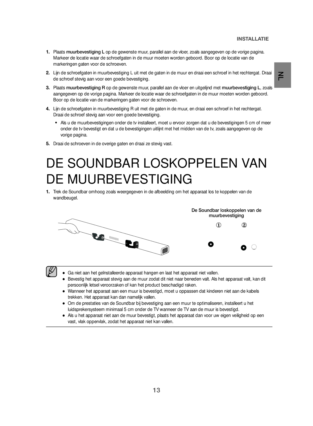 Samsung HW-J470/XN, HW-J470/EN manual DE Soundbar Loskoppelen VAN DE Muurbevestiging 