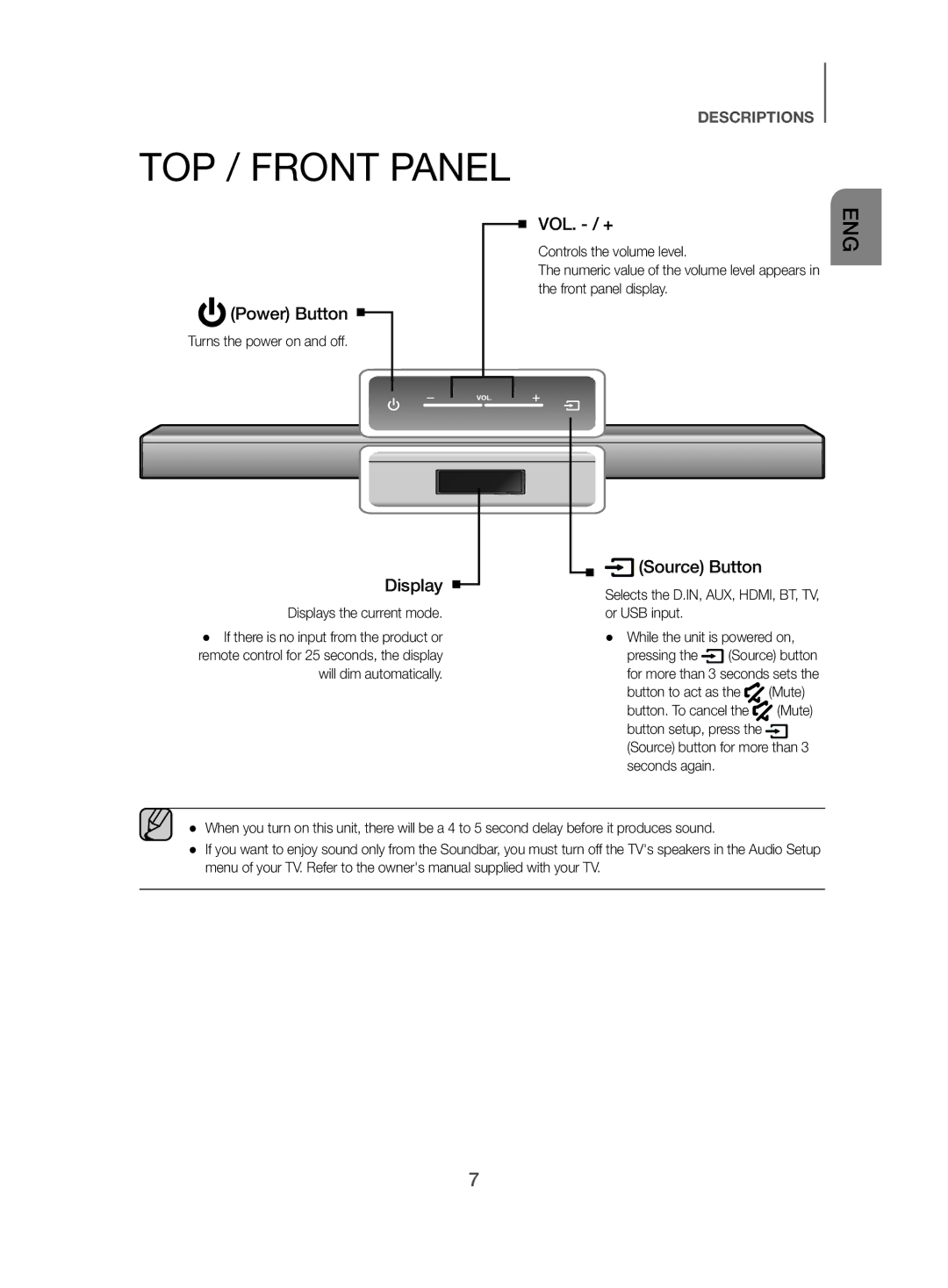 Samsung HW-J470/XN, HW-J470/EN manual TOP / Front Panel, Turns the power on and off, Displays the current mode 