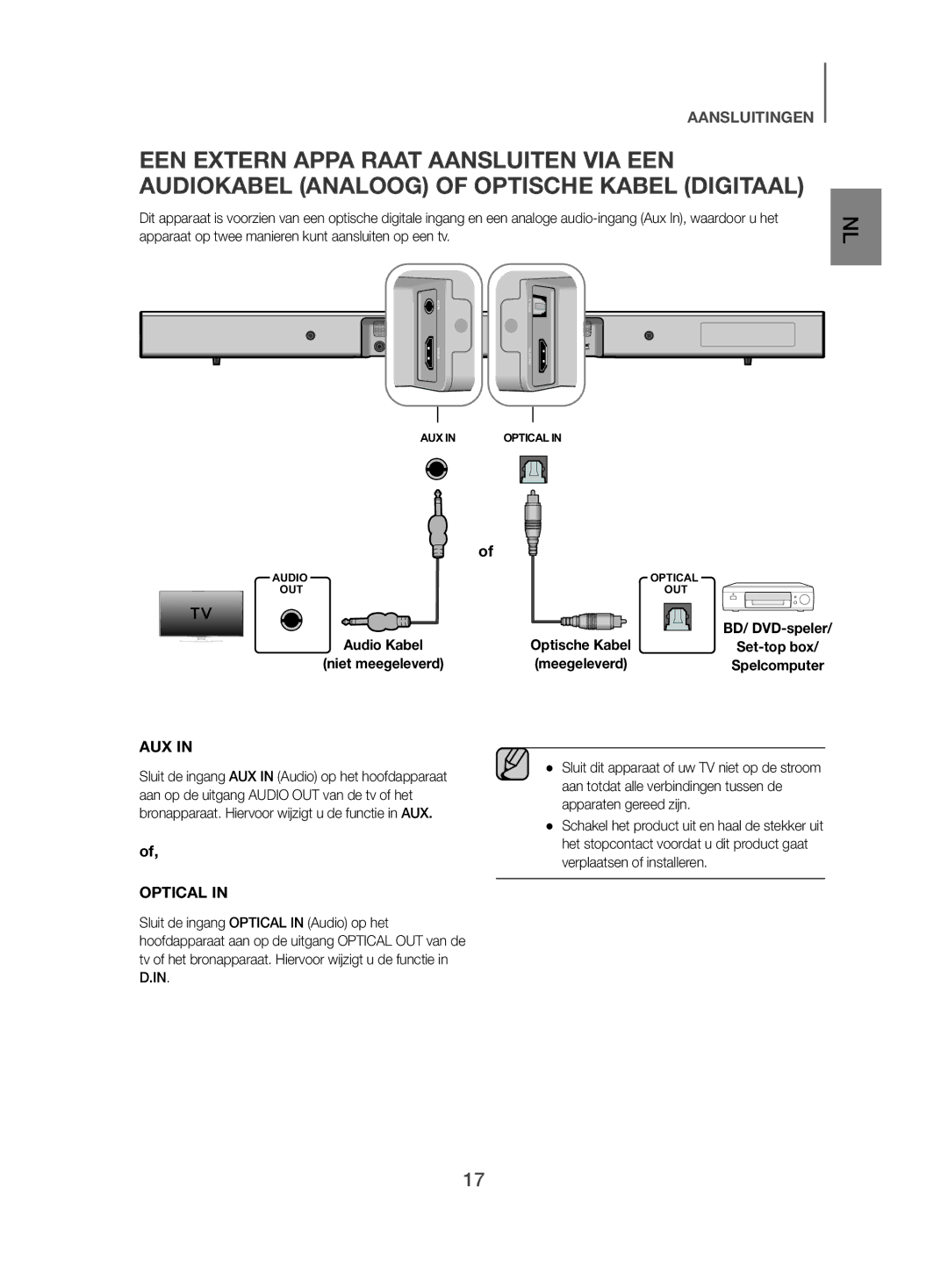 Samsung HW-J470/XN, HW-J470/EN manual Audio Kabel Optische Kabel 