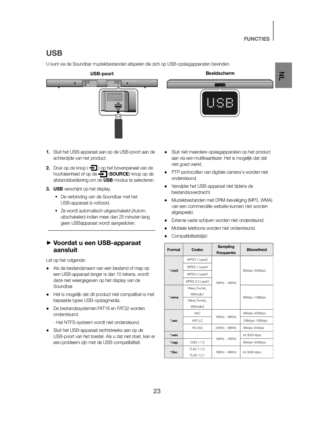 Samsung HW-J470/XN, HW-J470/EN manual ++Voordat u een USB-apparaat aansluit, USB-poort, Compatibiliteitslijst 