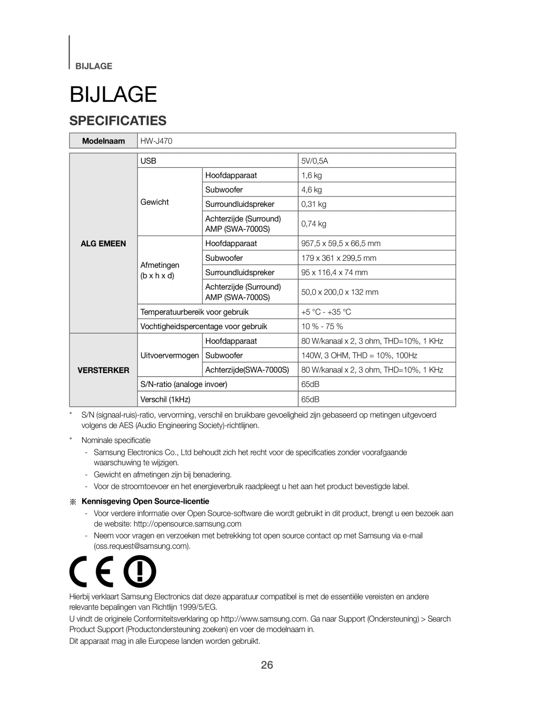 Samsung HW-J470/EN, HW-J470/XN manual Bijlage, Specificaties, 5V/0,5A, Subwoofer 140W, 3 OHM, THD = 10%, 100Hz 