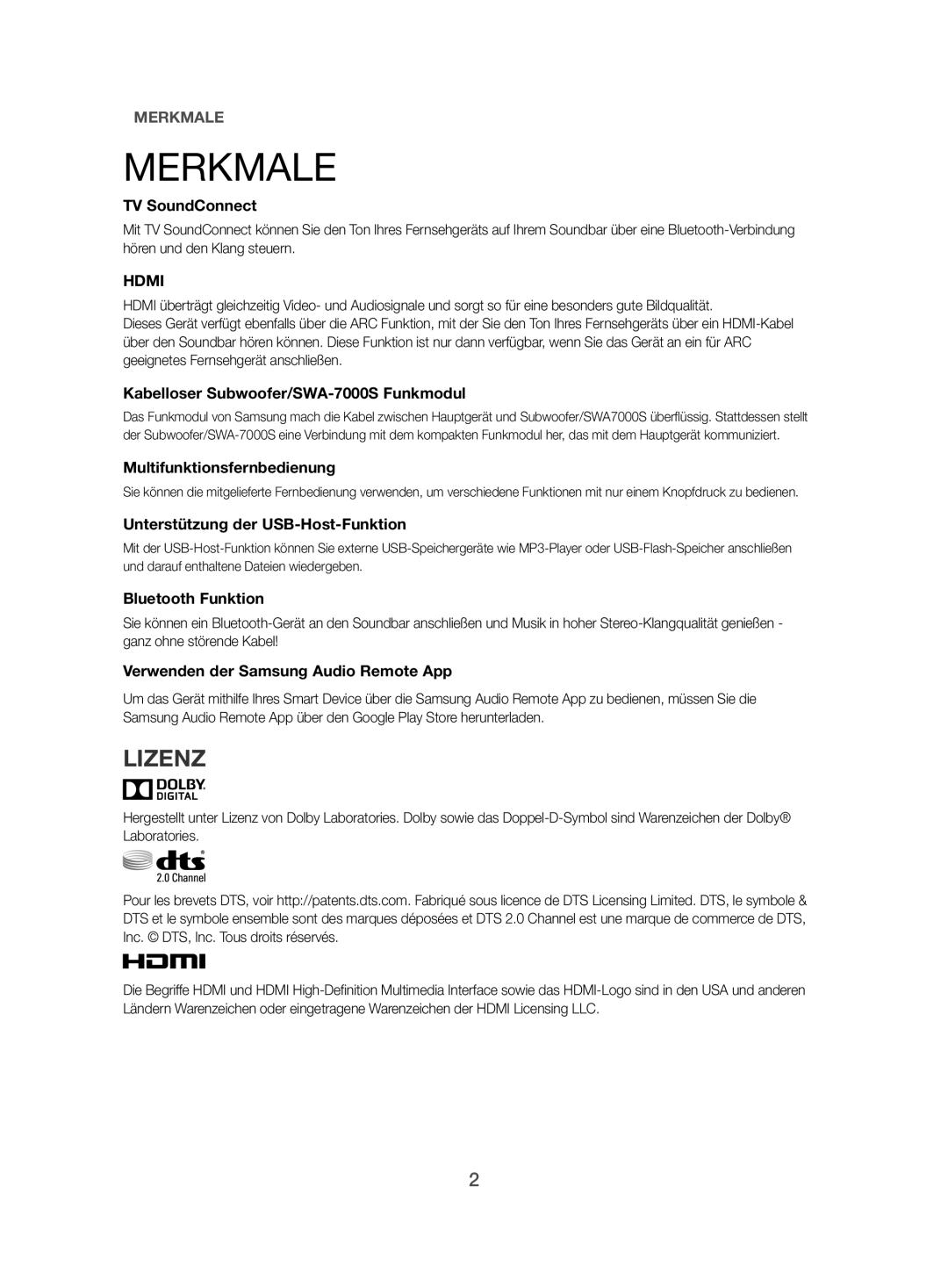 Samsung HW-J470/XN, HW-J470/EN manual Merkmale, Lizenz 