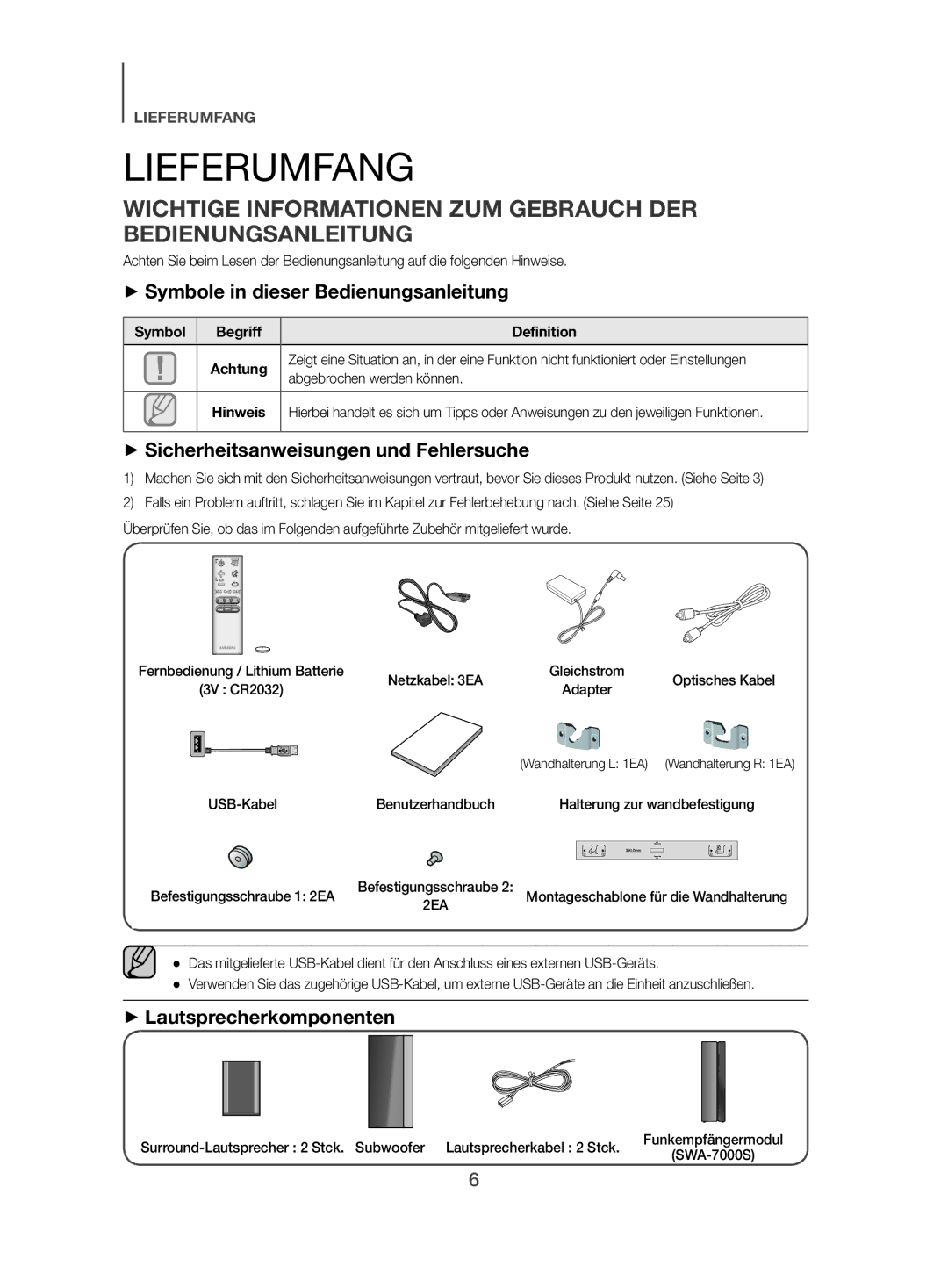 Samsung HW-J470/XN Lieferumfang, Wichtige Informationen ZUM Gebrauch DER Bedienungsanleitung, ++Lautsprecherkomponenten 