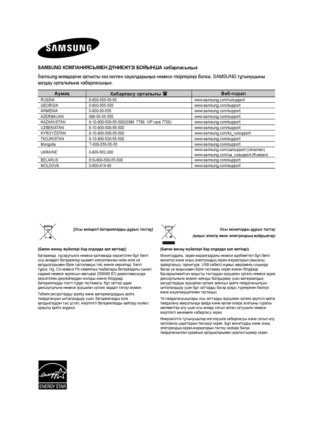 Samsung HW-J470/RU manual Samsung Компаниясымен Дүниежүзі Бойынша хабарласыңыз, Аумақ Хабарласу орталығы  Веб-торап 