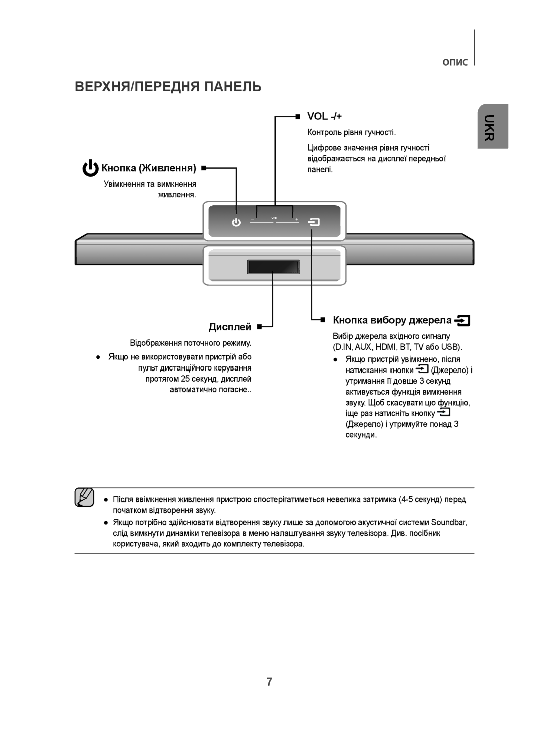 Samsung HW-J470/RU manual ВЕРХНЯ/ПЕРЕДНЯ Панель, Контроль рівня гучності, Пульт дистанційного керування Натискання кнопки 