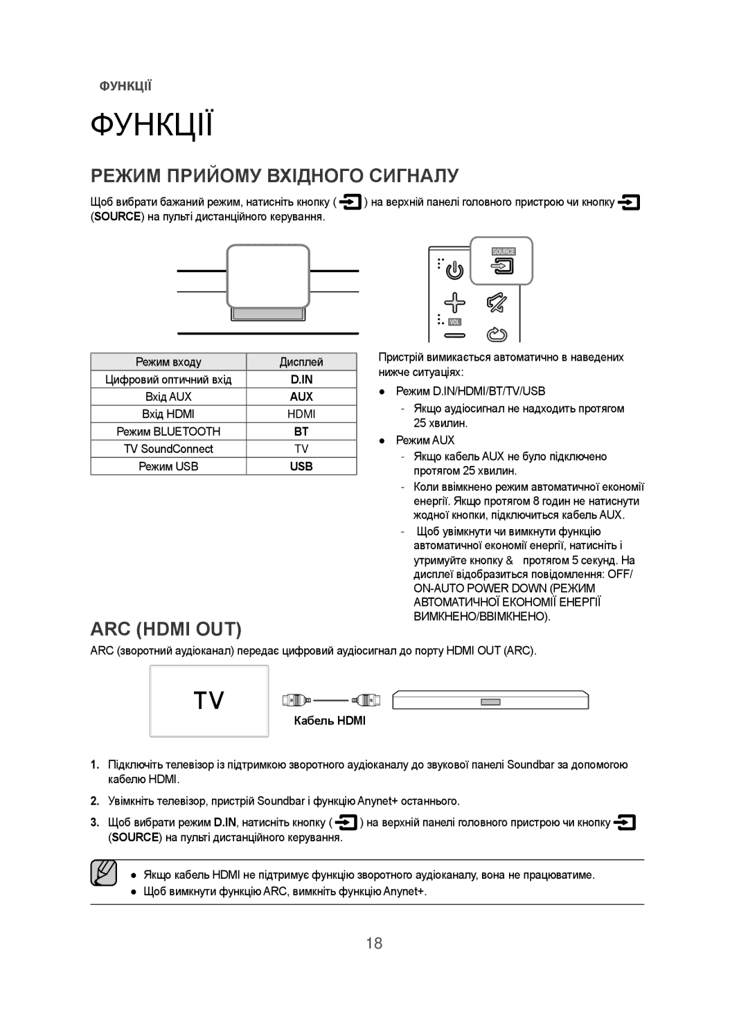 Samsung HW-J470/RU manual Функції, Режим Прийому Вхідного Сигналу, Щоб вибрати режим D.IN, натисніть кнопку 