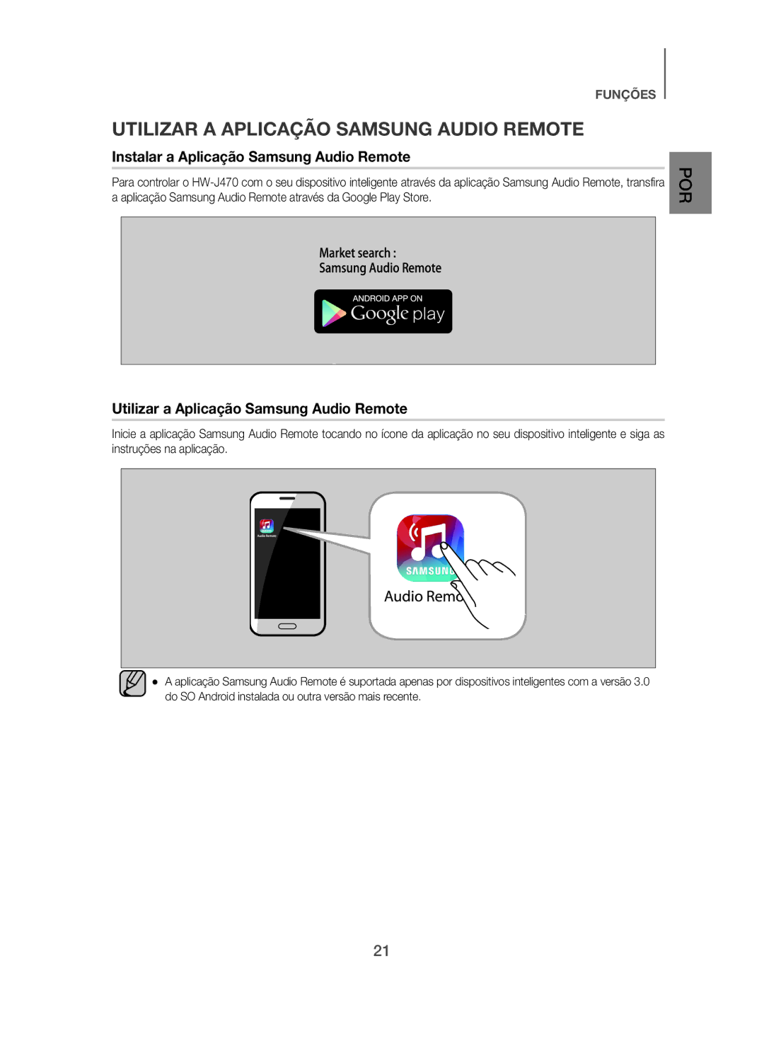 Samsung HW-J470/ZF manual Utilizar a Aplicação Samsung Audio Remote, Instalar a Aplicação Samsung Audio Remote 