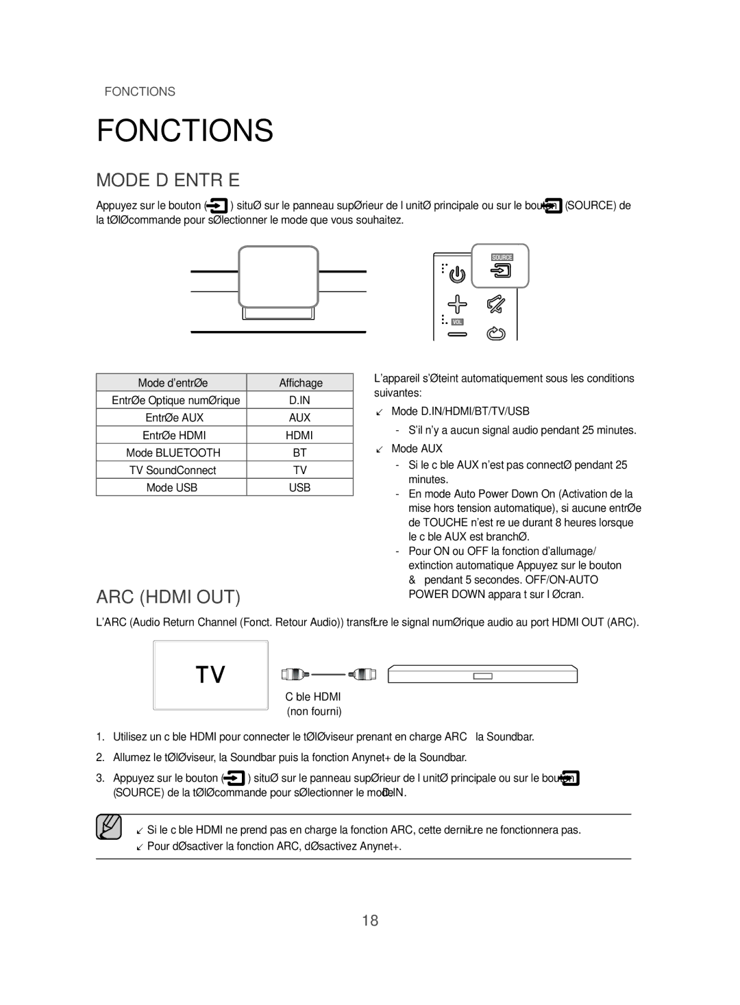 Samsung HW-J470/ZF manual Fonctions, Mode D’ENTRÉE, ARC Hdmi OUT, Appuyez sur le bouton, Câble Hdmi non fourni 