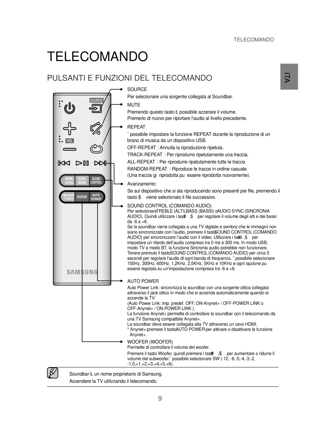 Samsung HW-J470/ZF manual Pulsanti E Funzioni DEL Telecomando, Per selezionare una sorgente collegata al Soundbar 