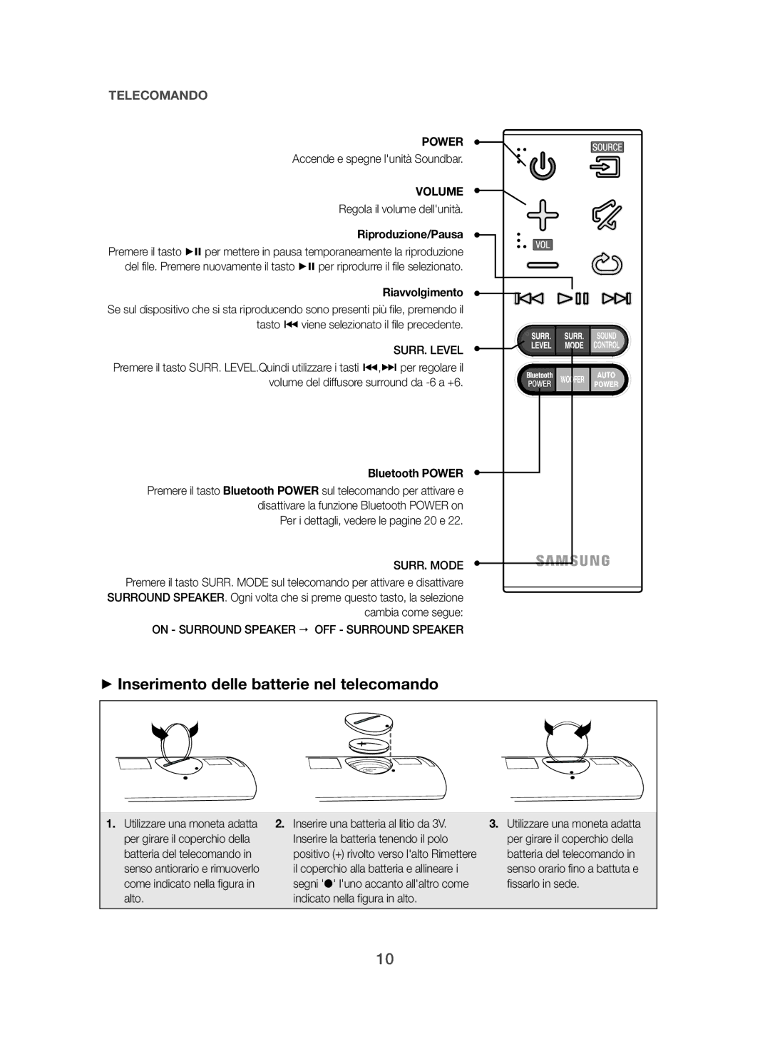 Samsung HW-J470/ZF manual ++Inserimento delle batterie nel telecomando 