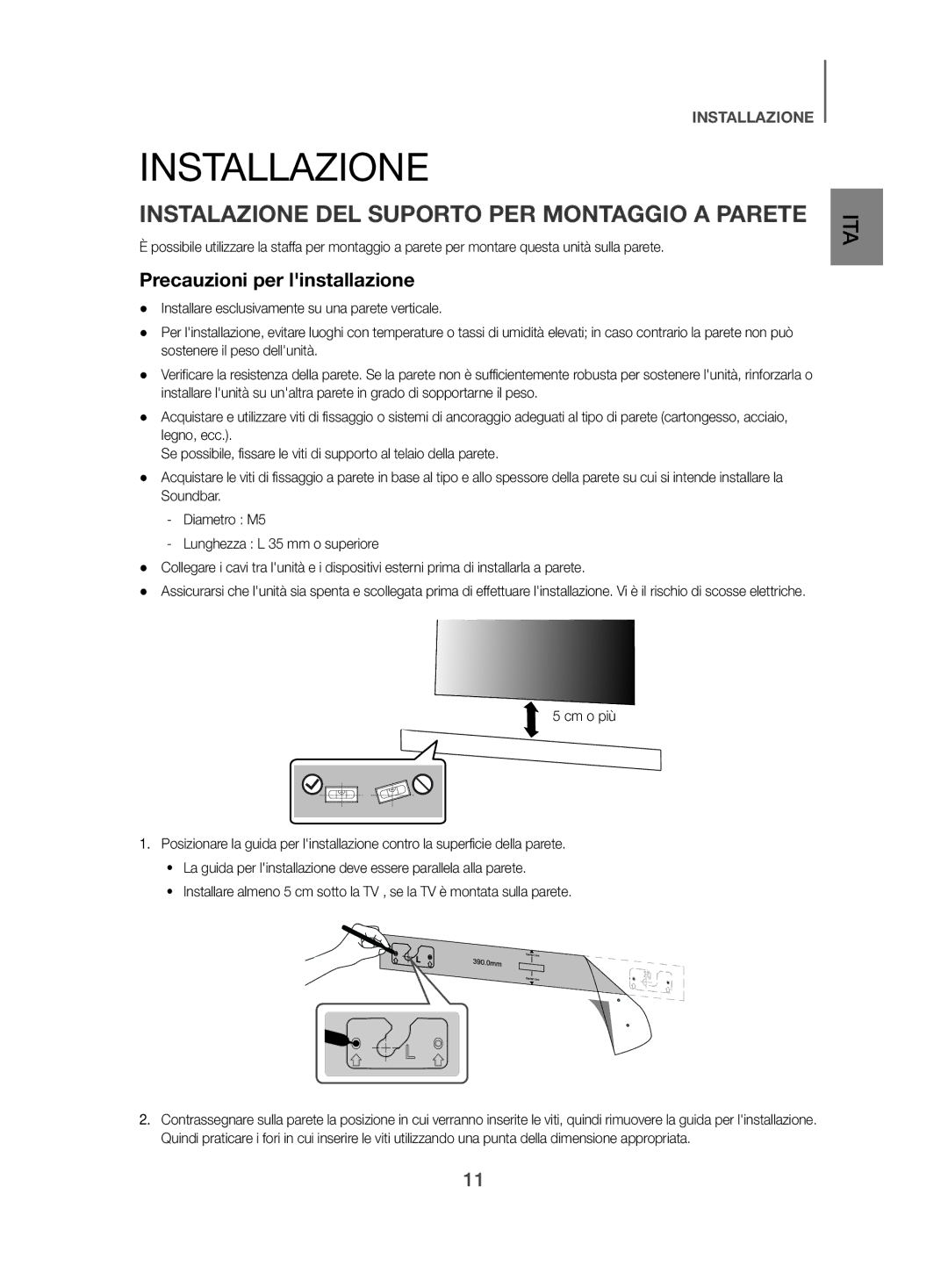 Samsung HW-J470/ZF manual Installazione, Instalazione DEL Suporto PER Montaggio a Parete, Precauzioni per linstallazione 