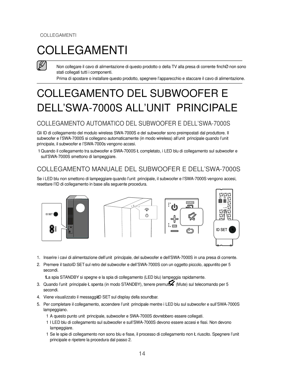 Samsung HW-J470/ZF manual Collegamenti, Collegamento Automatico DEL Subwoofer E DELLSWA-7000S 