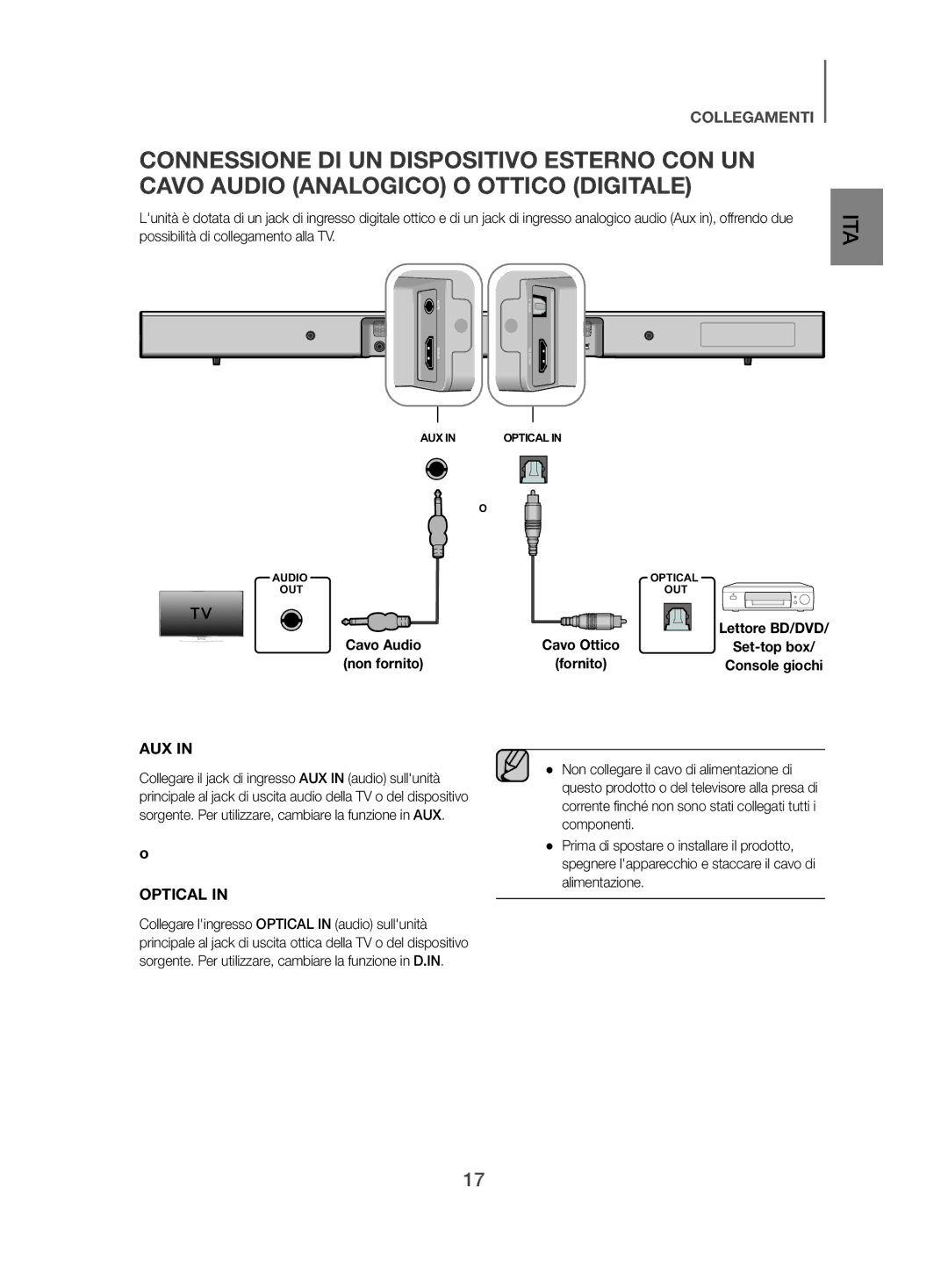 Samsung HW-J470/ZF manual Cavo Audio 